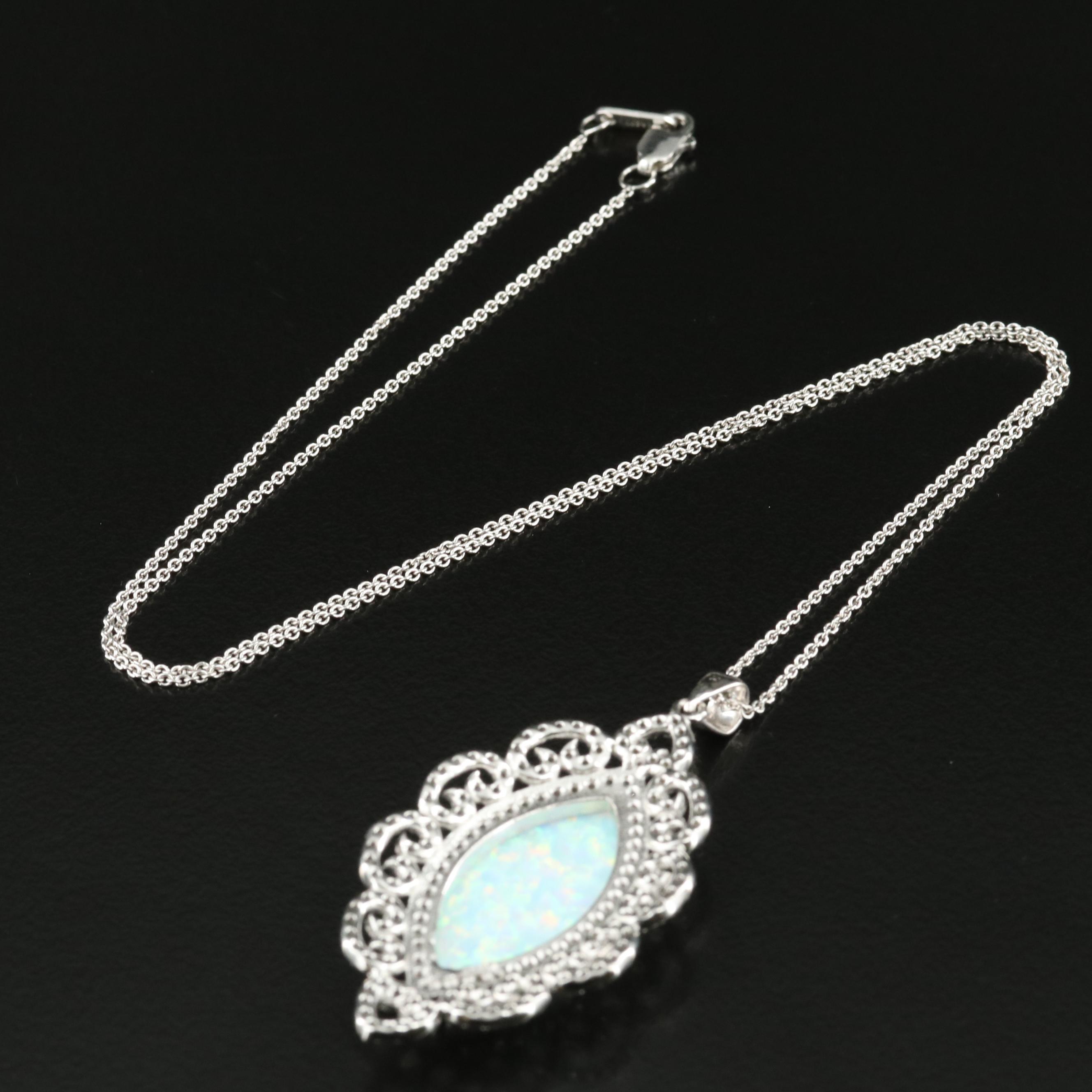 Sterling Opal and White Sapphire Pendant Necklace