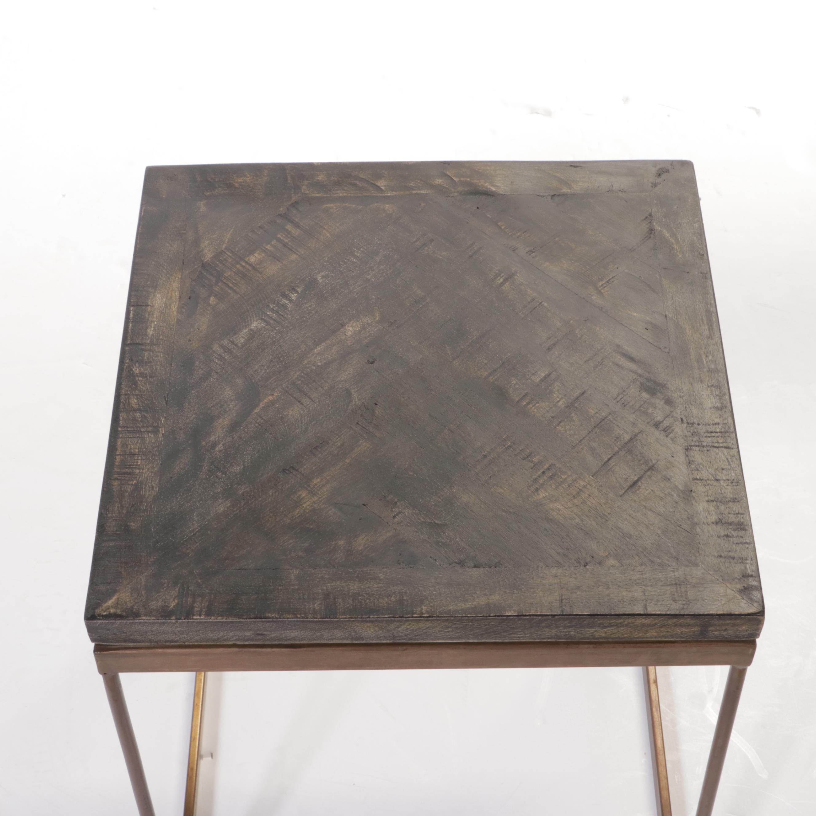Two Blue Ocean Traders Wood and Metal Parquet Side Tables