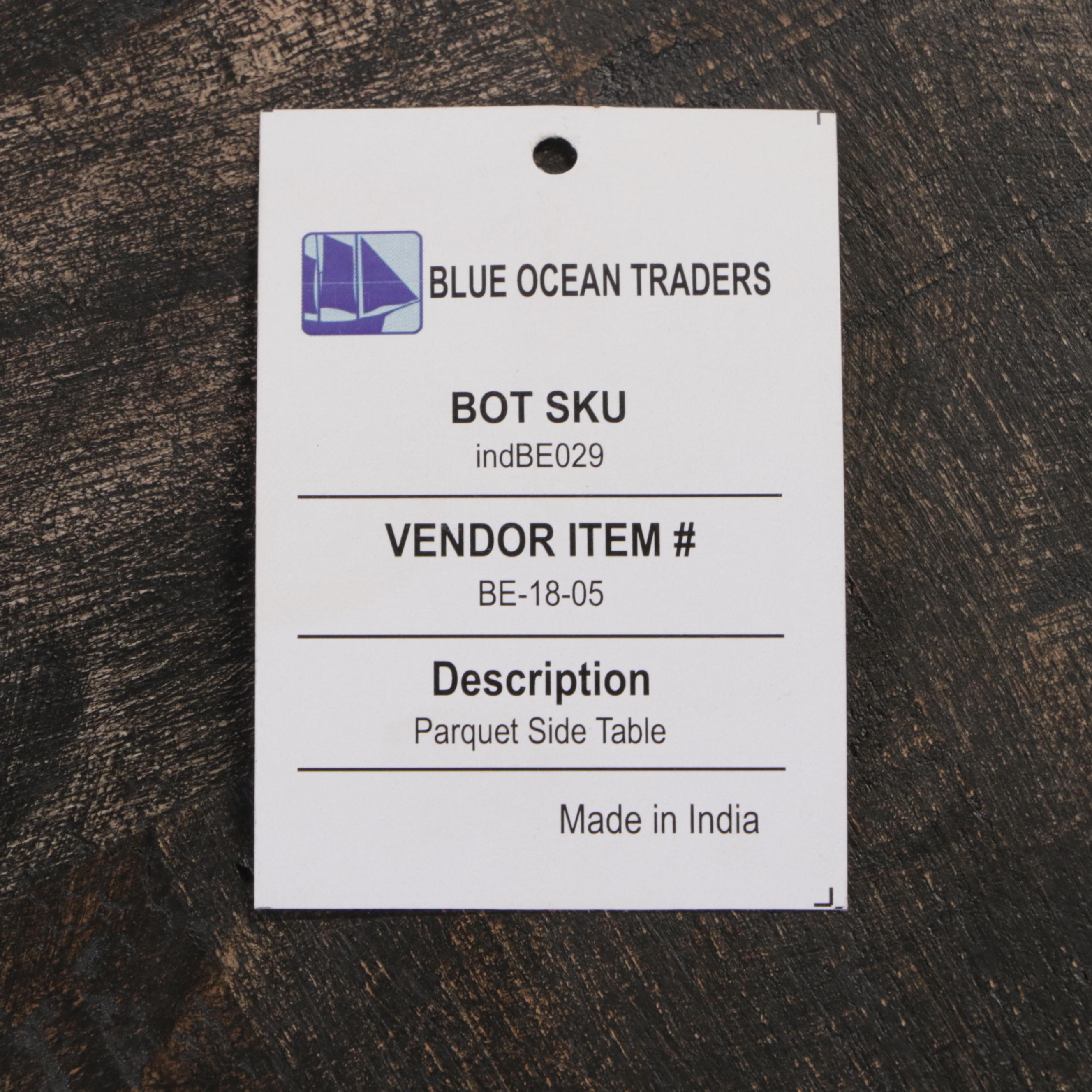 Two Blue Ocean Traders Wood and Metal Parquet Side Tables