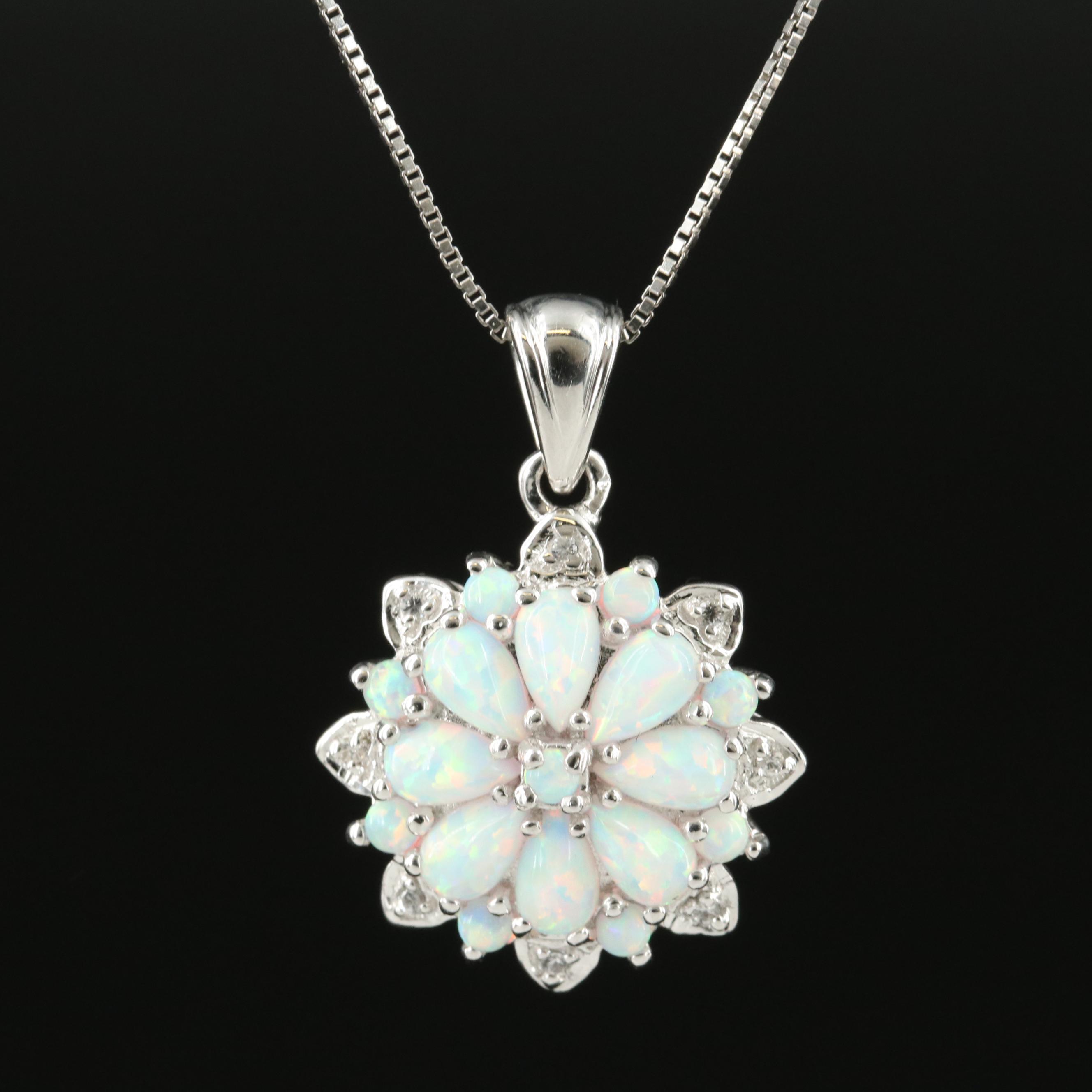 Sterling Opal and White Sapphire Pendant Necklace