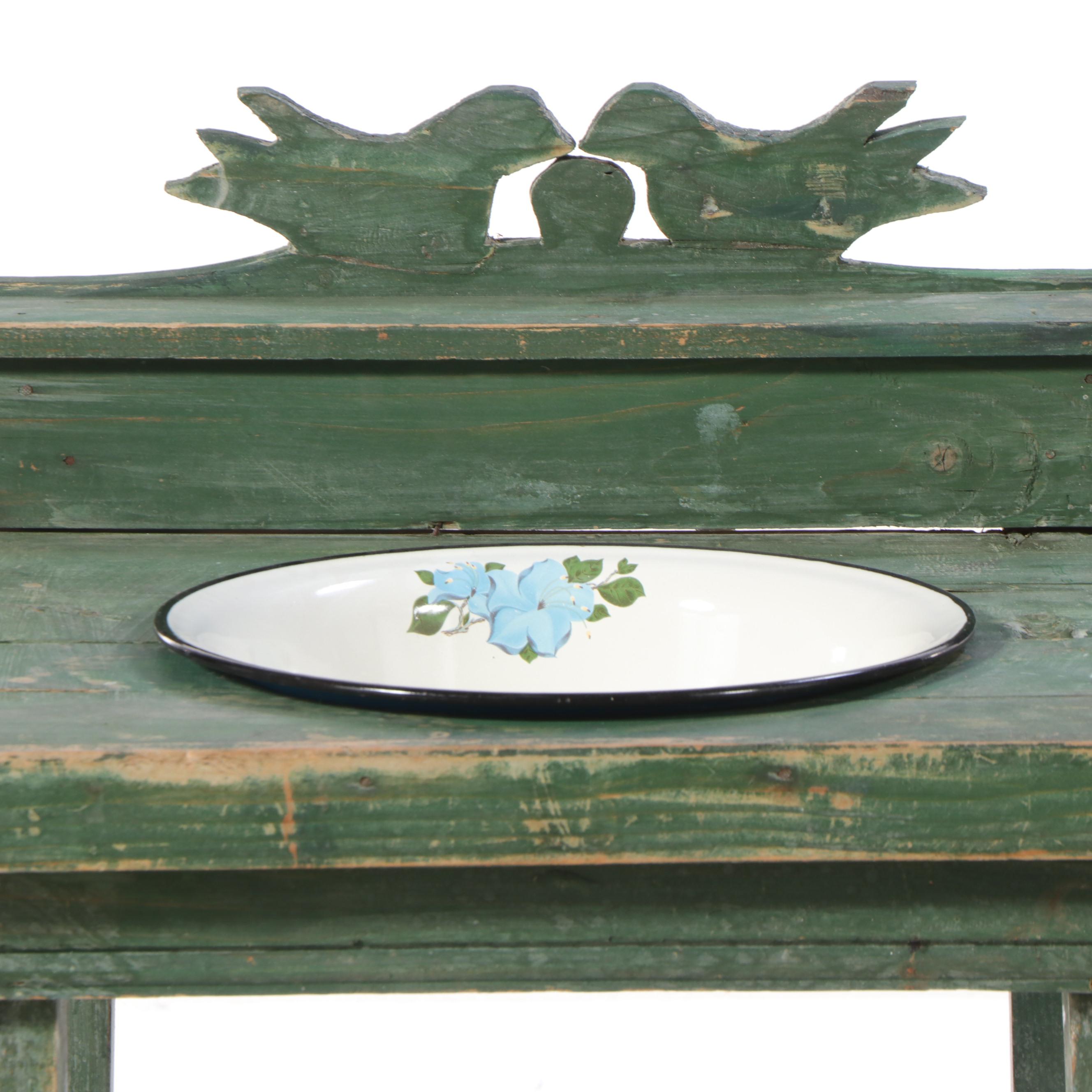 Primitive Folk Art Green-Painted Wooden Basin Stand