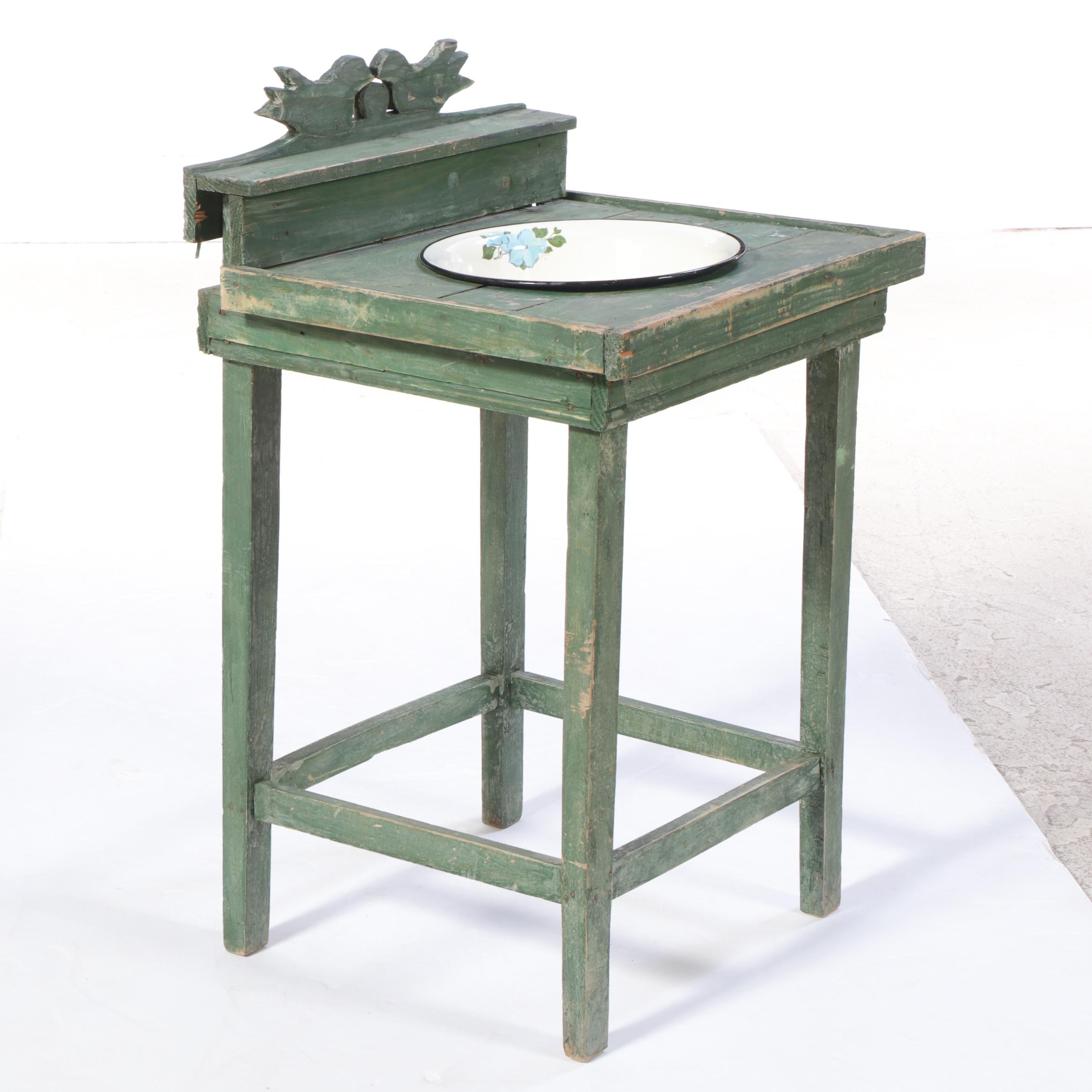 Primitive Folk Art Green-Painted Wooden Basin Stand