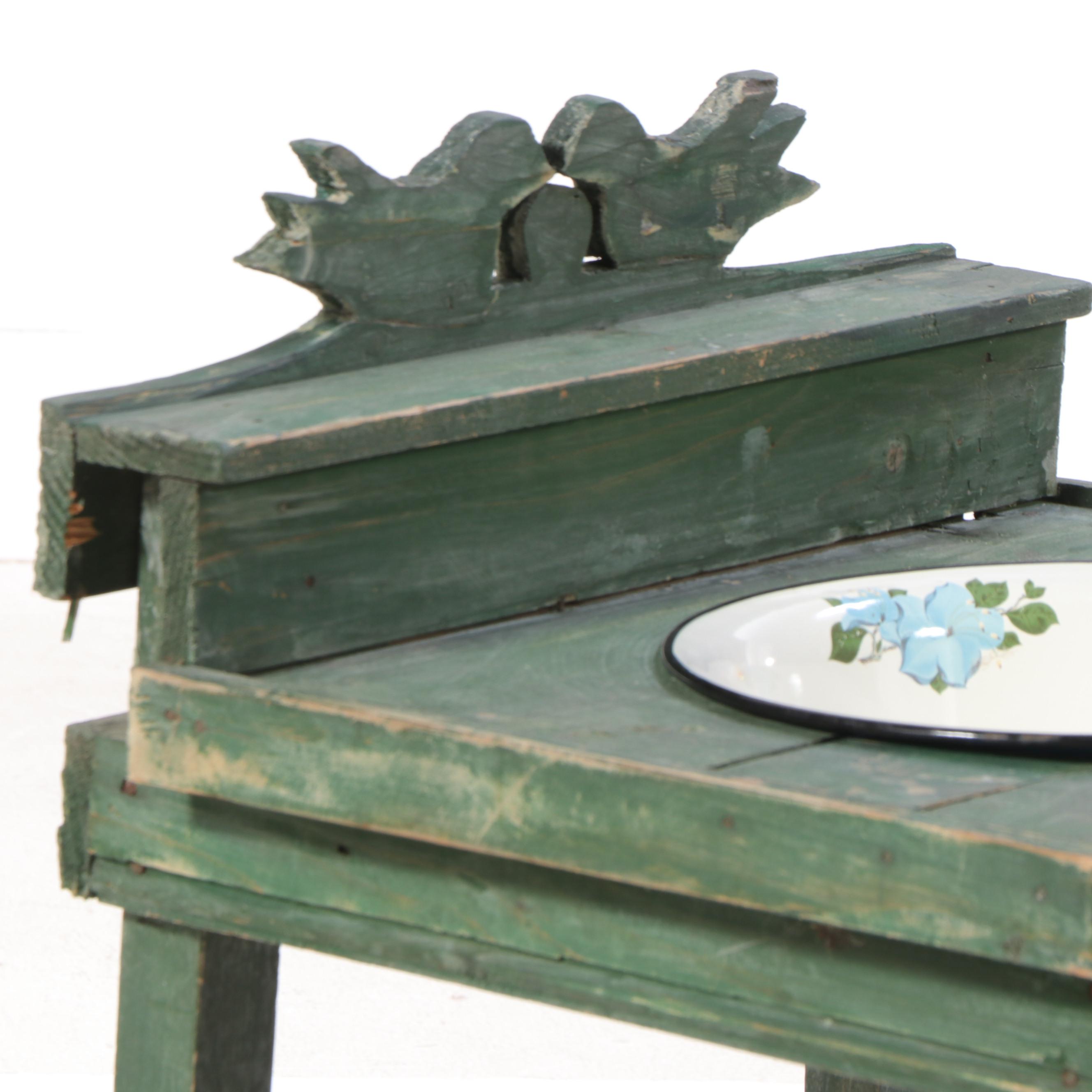 Primitive Folk Art Green-Painted Wooden Basin Stand