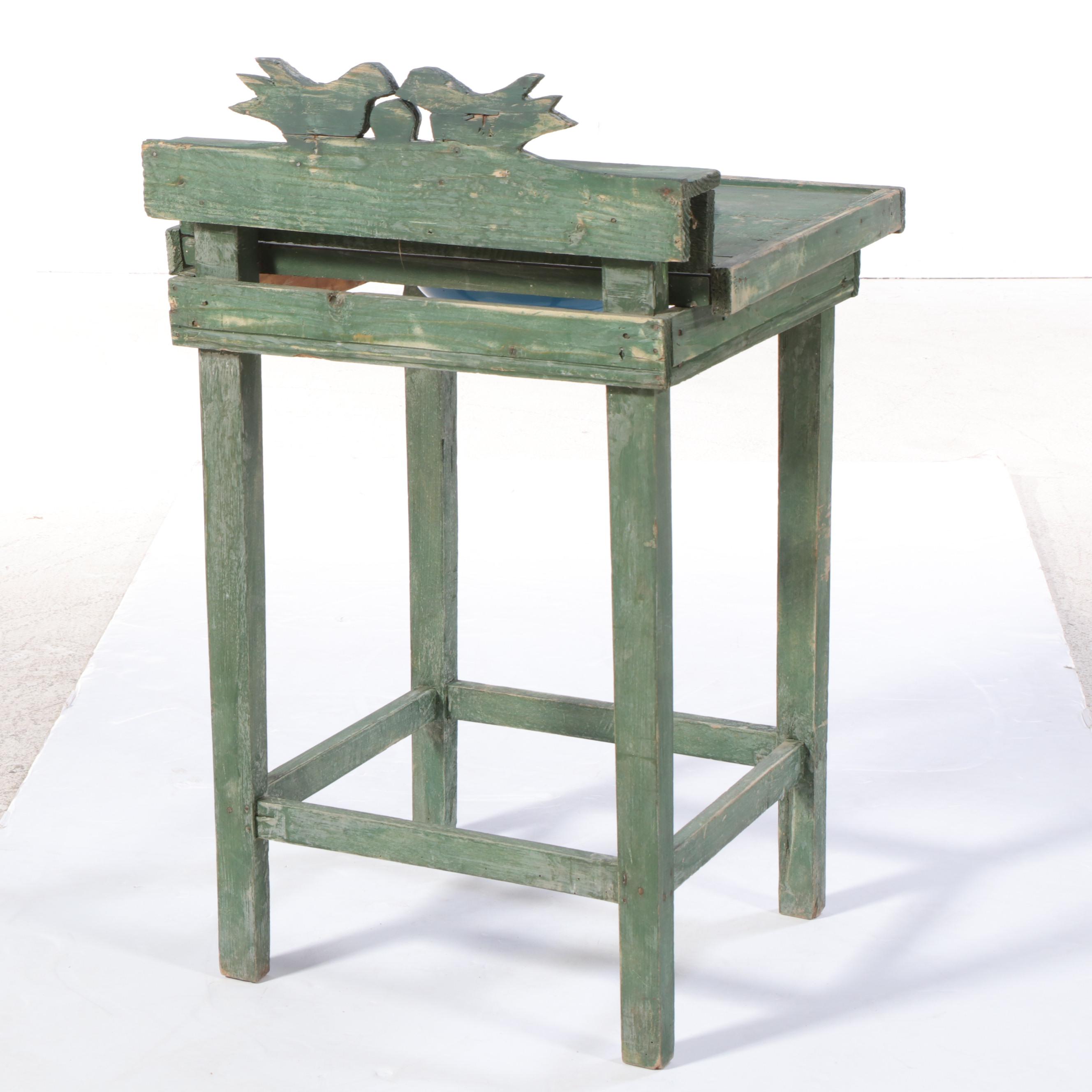 Primitive Folk Art Green-Painted Wooden Basin Stand