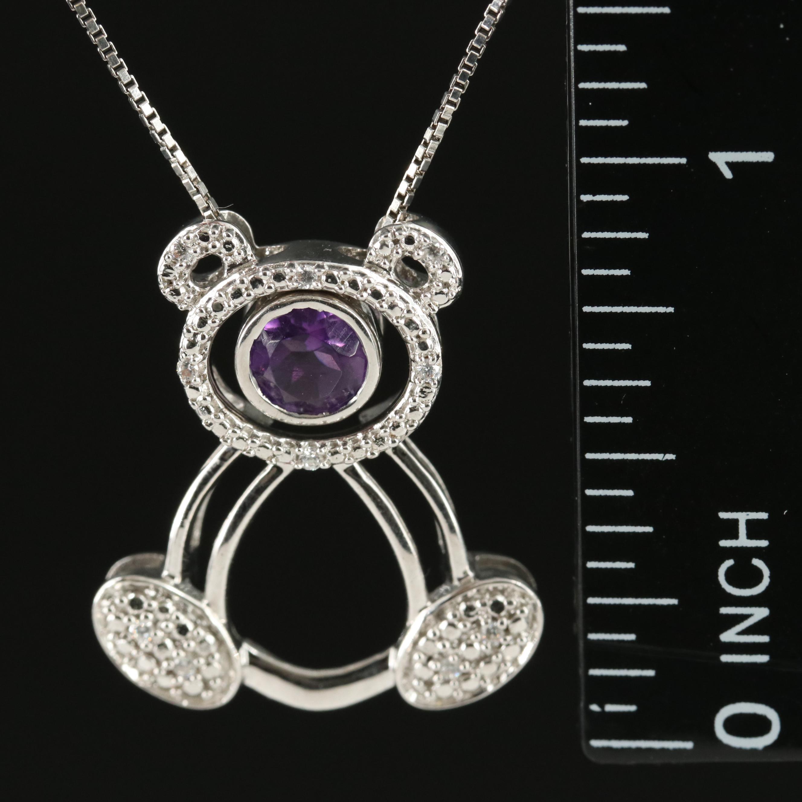 Sterling Amethyst and Cubic Zirconia Bear Pendant Necklace