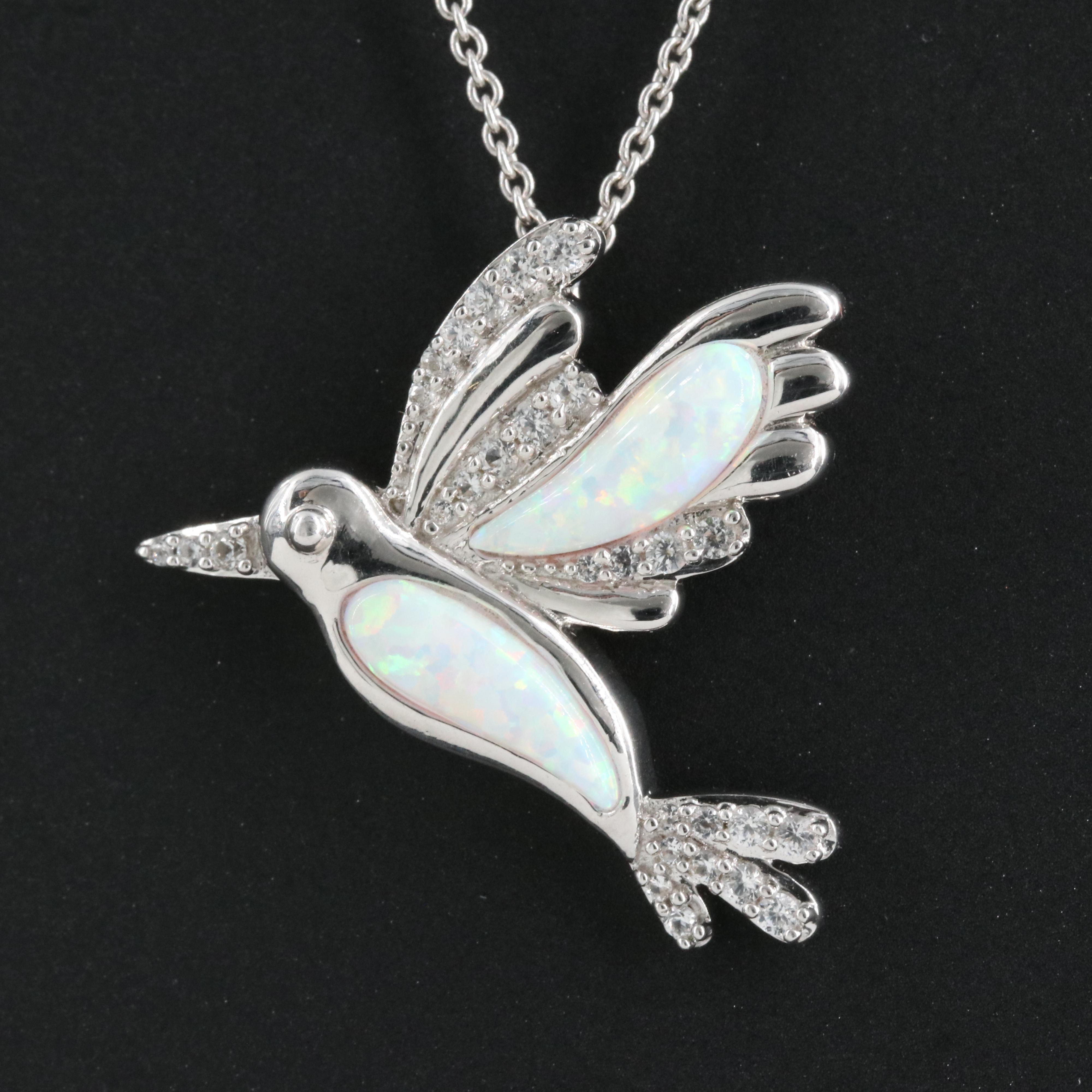 Sterling Opal and Sapphire Hummingbird Pendant Necklace