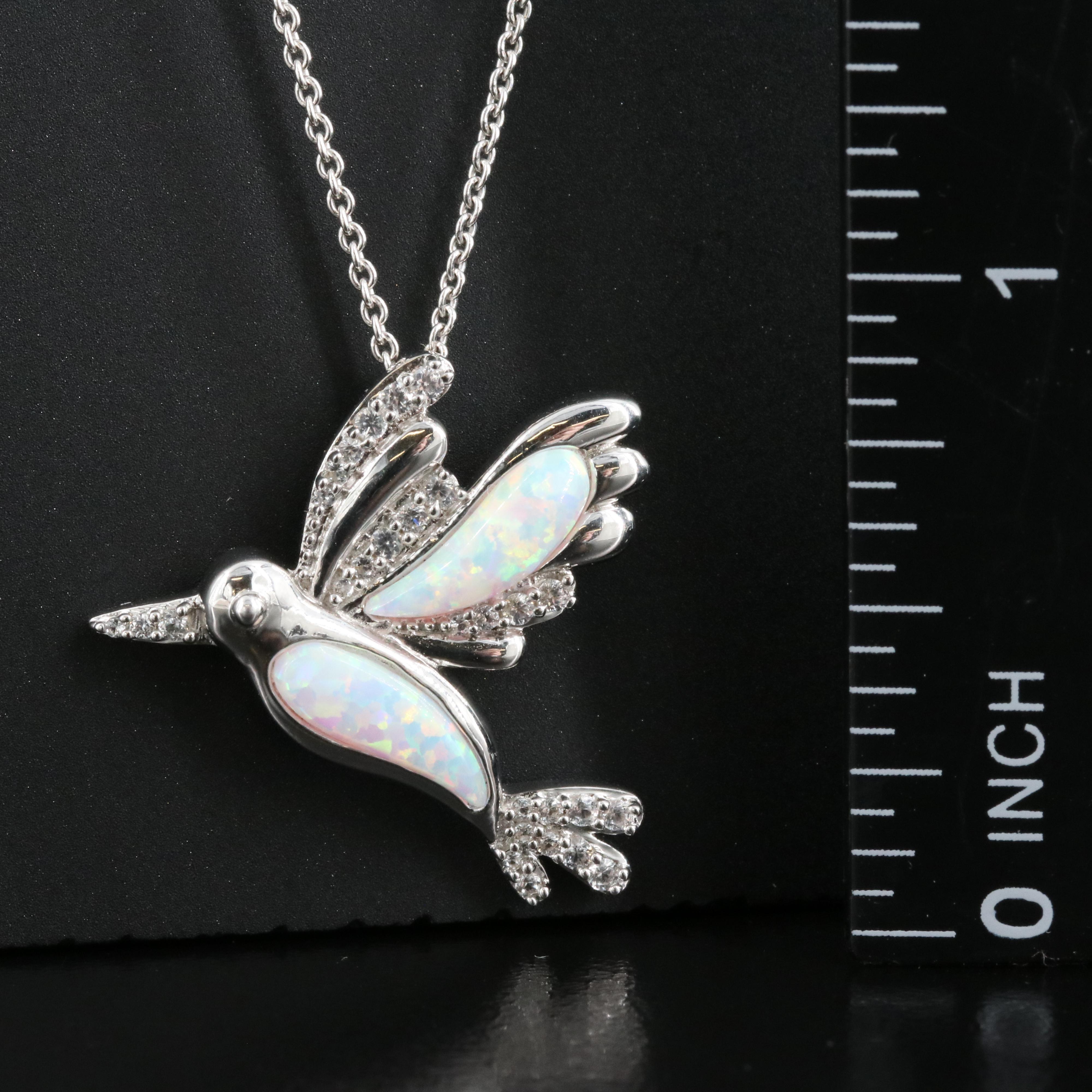 Sterling Opal and Sapphire Hummingbird Pendant Necklace