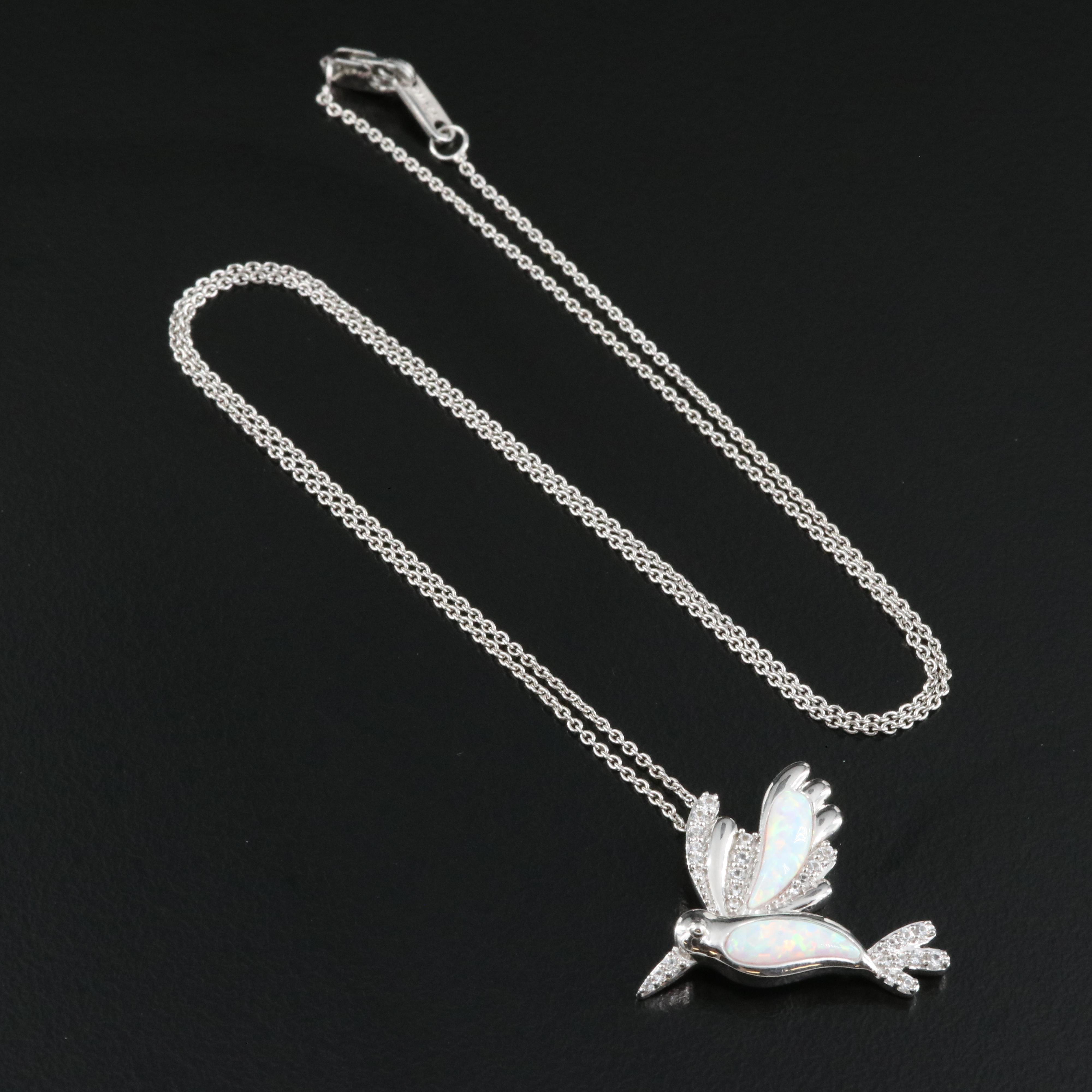 Sterling Opal and Sapphire Hummingbird Pendant Necklace