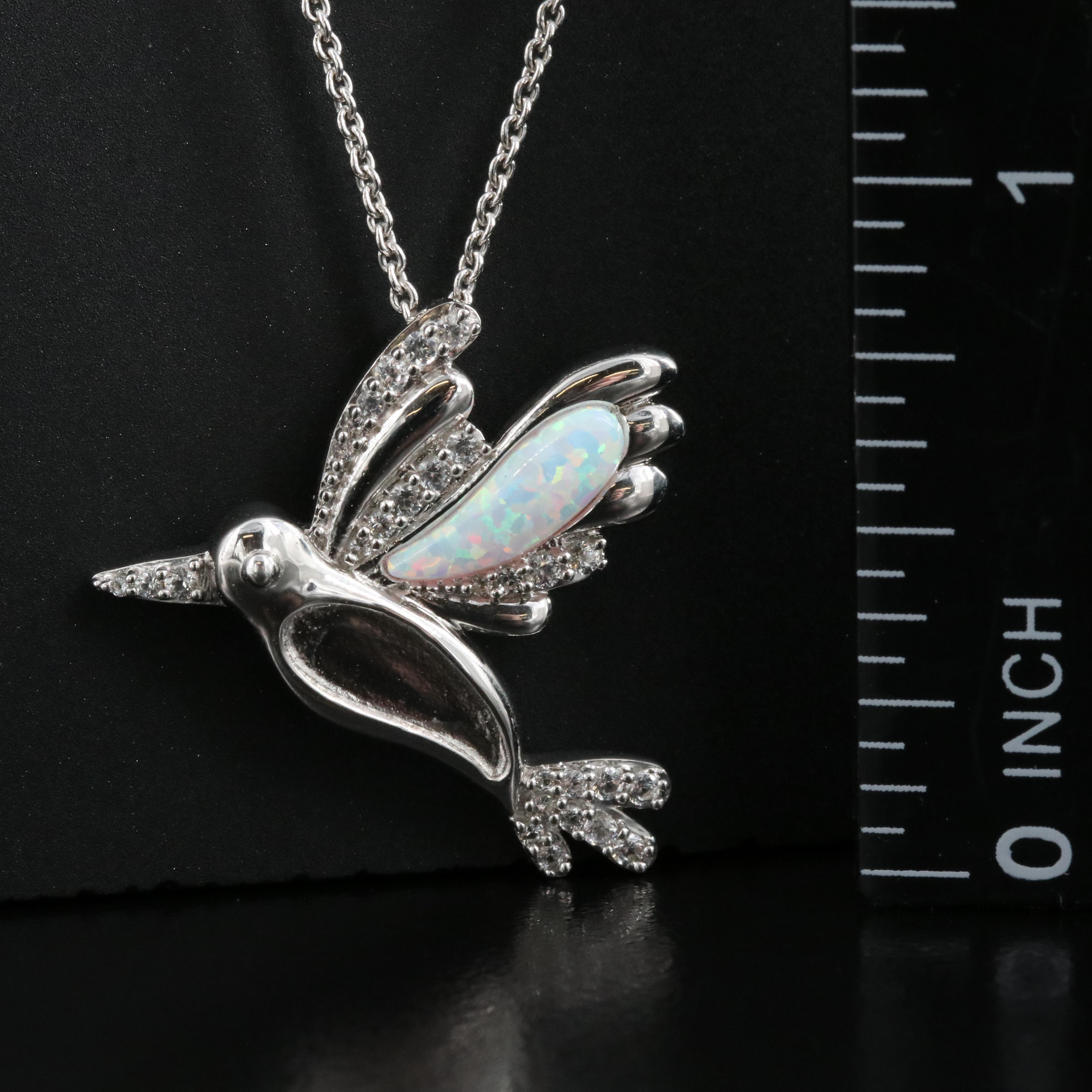 Sterling Opal and Sapphire Hummingbird Pendant Necklace