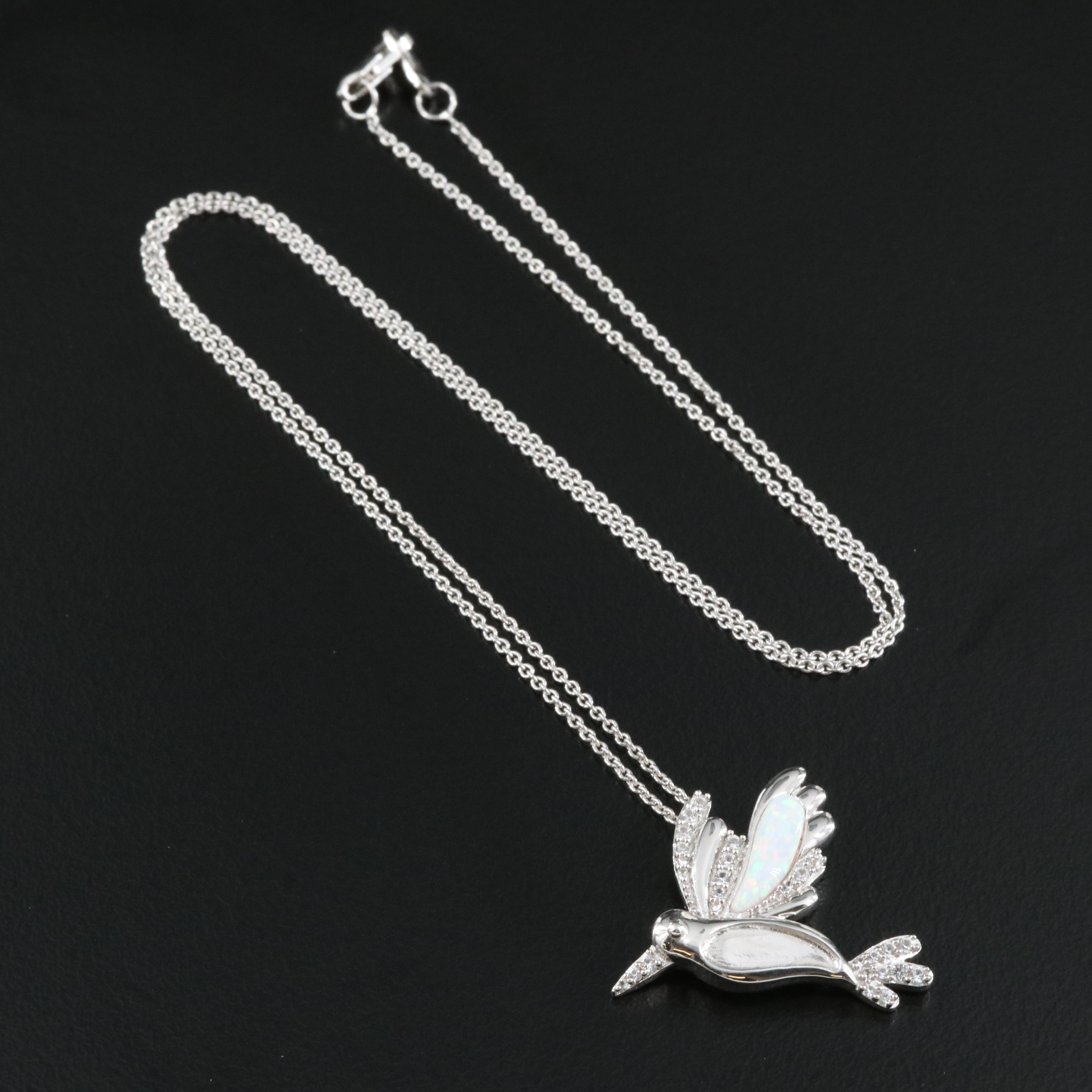 Sterling Opal and Sapphire Hummingbird Pendant Necklace