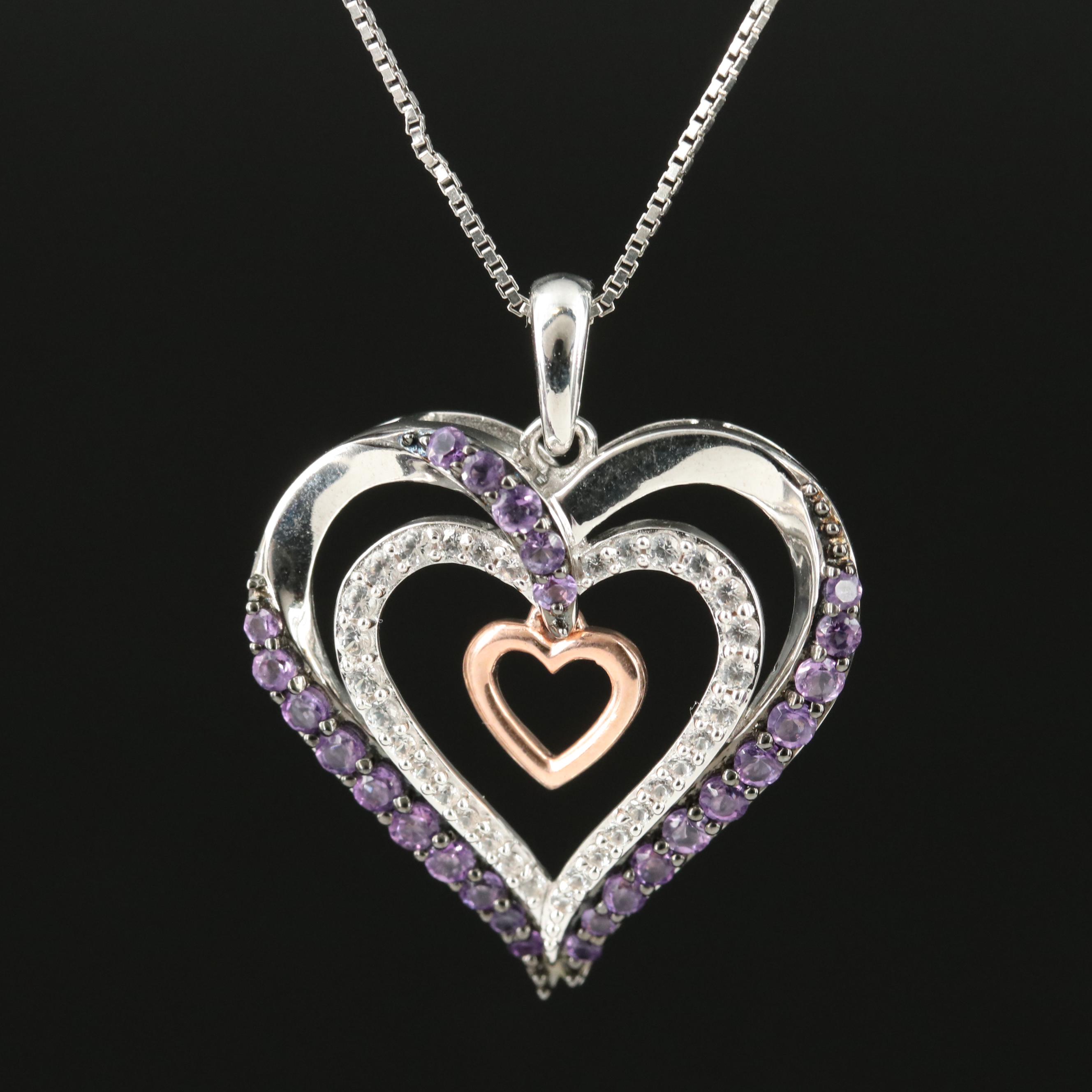Sterling Amethyst and Sapphire Triple Heart Pendant Necklace