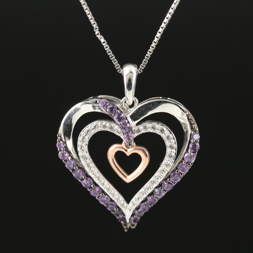 Sterling Amethyst and Sapphire Triple Heart Pendant Necklace