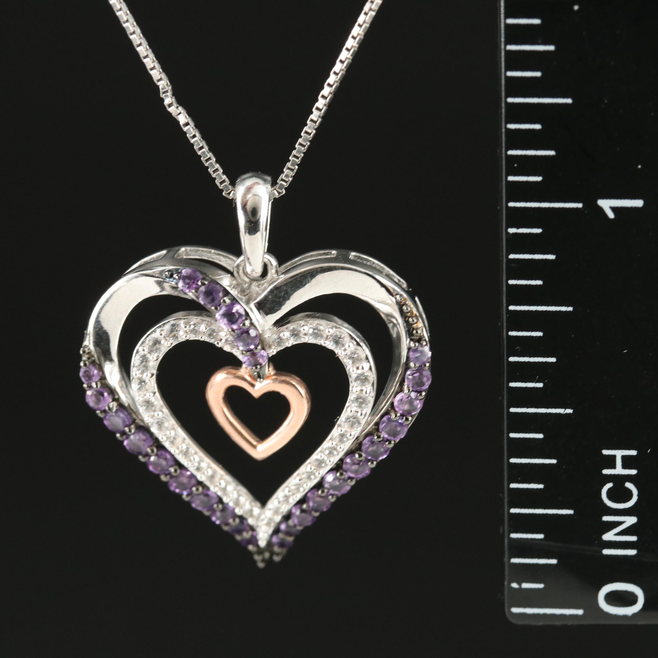 Sterling Amethyst and Sapphire Triple Heart Pendant Necklace