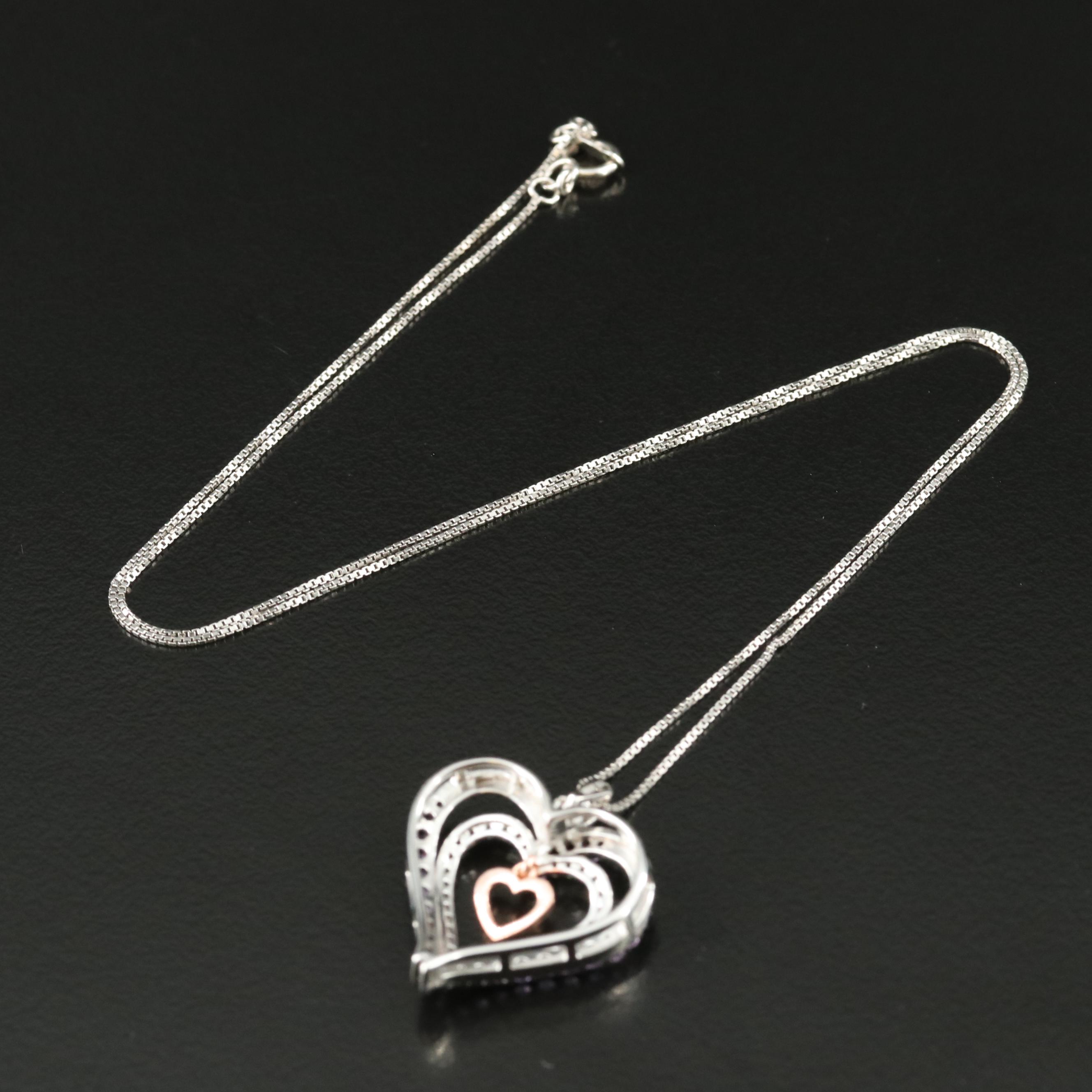 Sterling Amethyst and Sapphire Triple Heart Pendant Necklace
