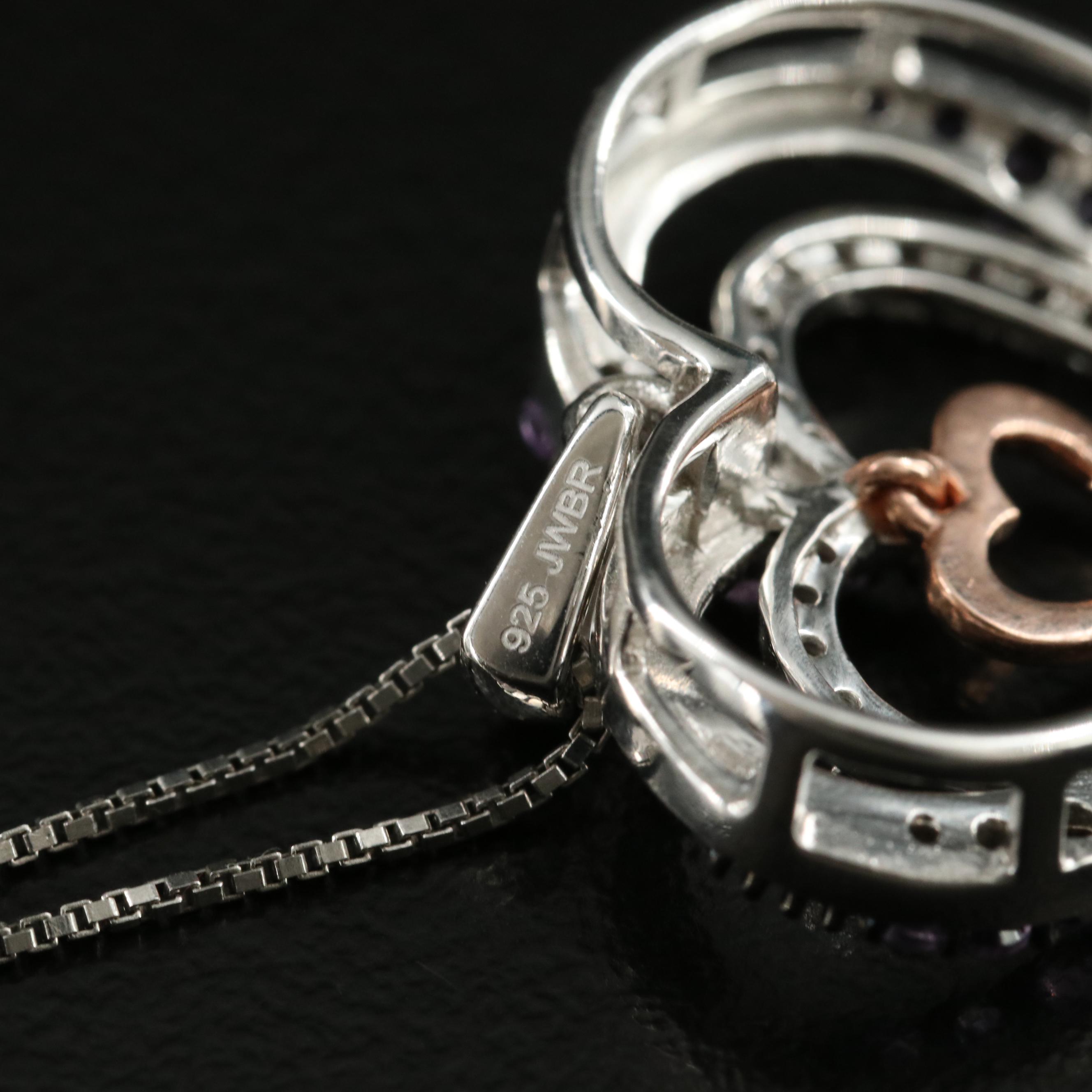 Sterling Amethyst and Sapphire Triple Heart Pendant Necklace