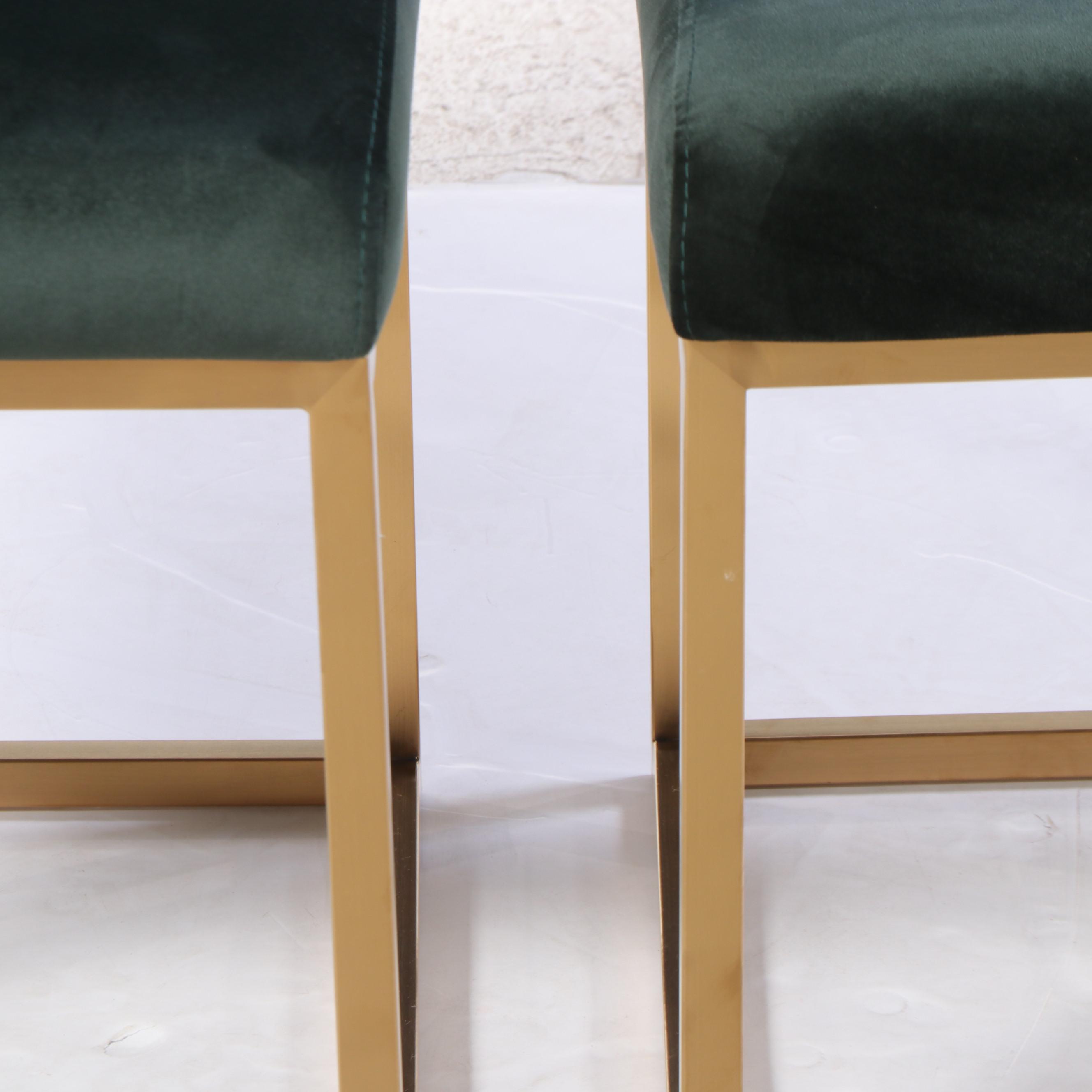 Pair of Contemporary Green-Upholstered and Brassed Metal Side Chairs