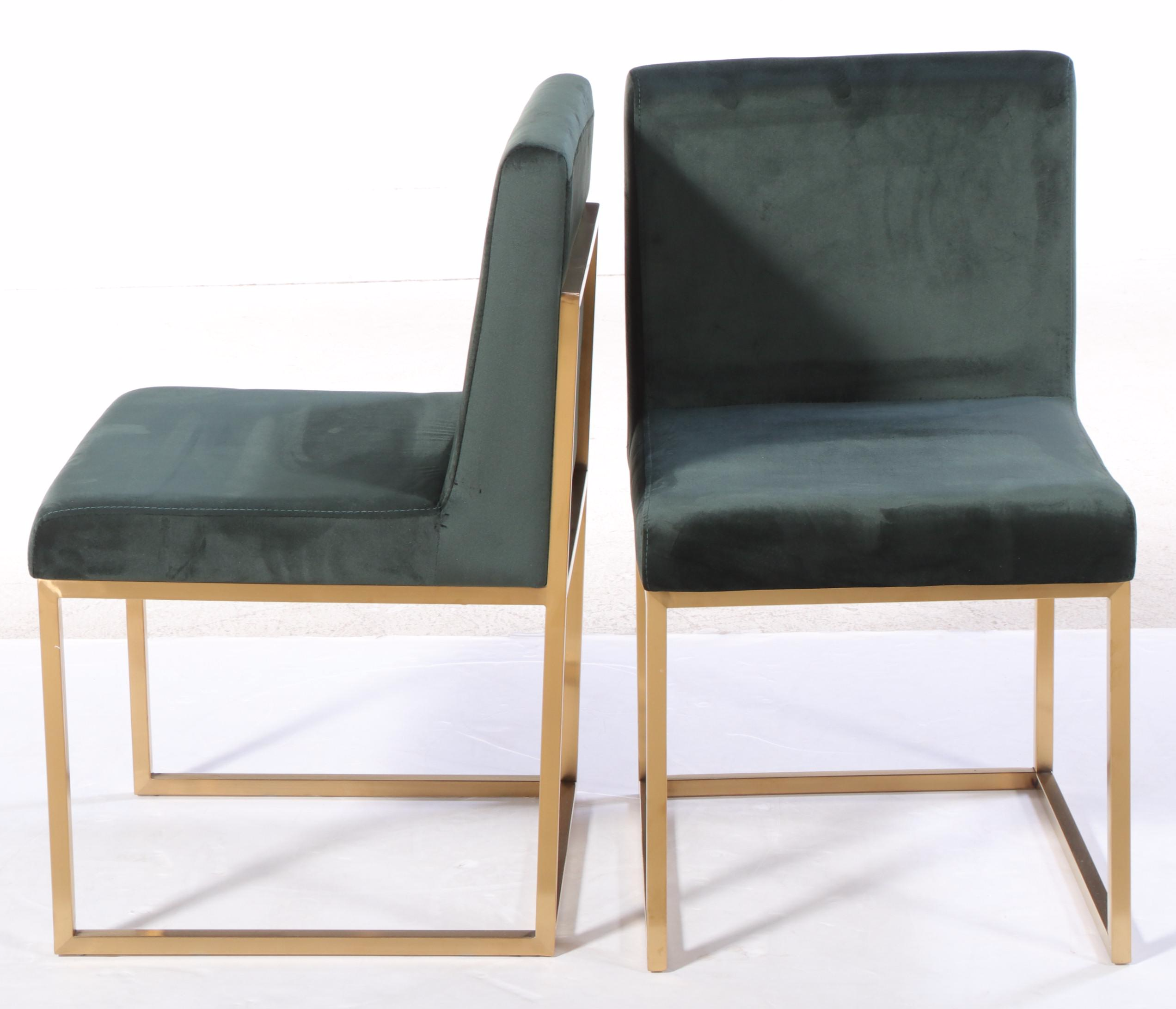 Pair of Contemporary Green-Upholstered and Brassed Metal Side Chairs