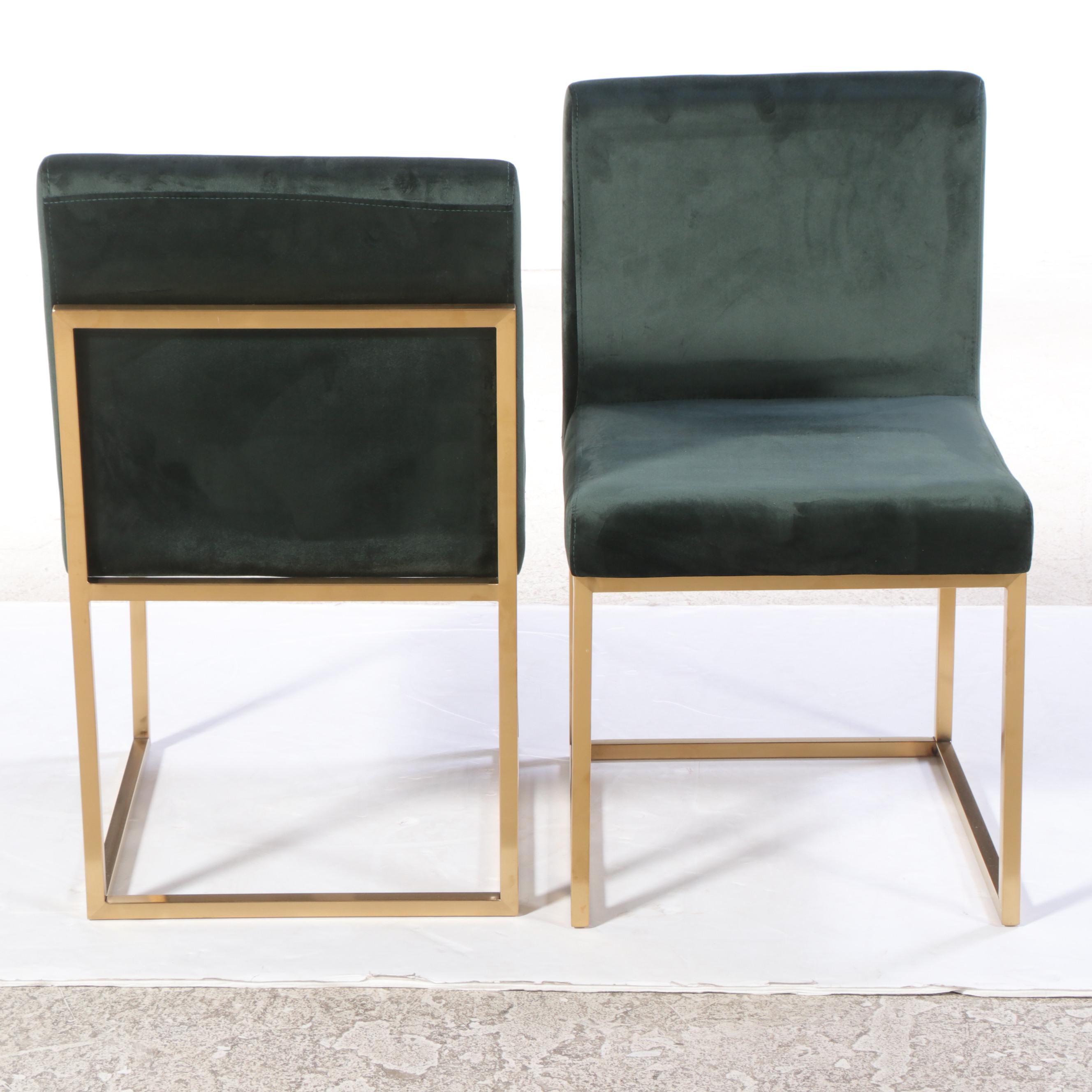 Pair of Contemporary Green-Upholstered and Brassed Metal Side Chairs