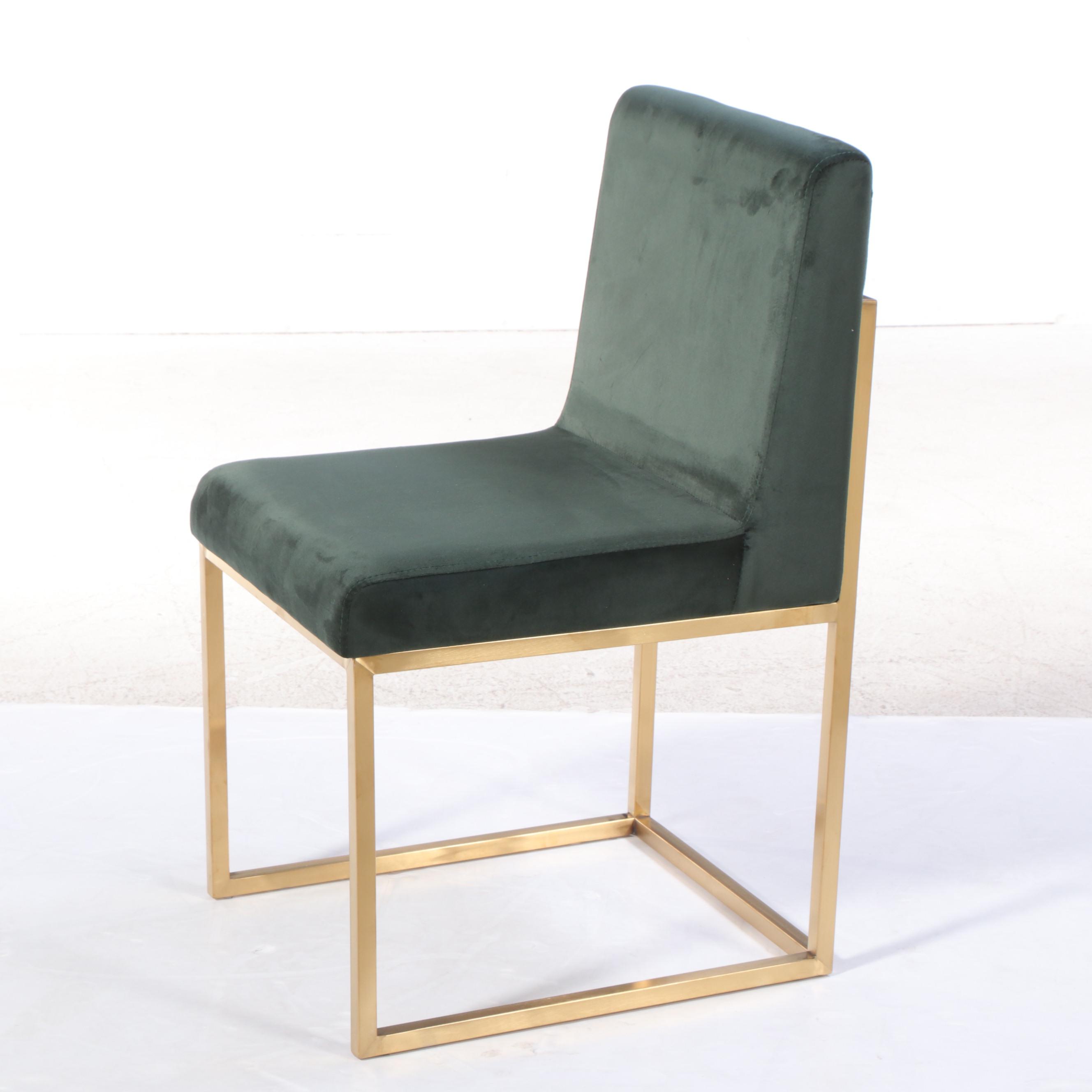Pair of Contemporary Green-Upholstered and Brassed Metal Side Chairs