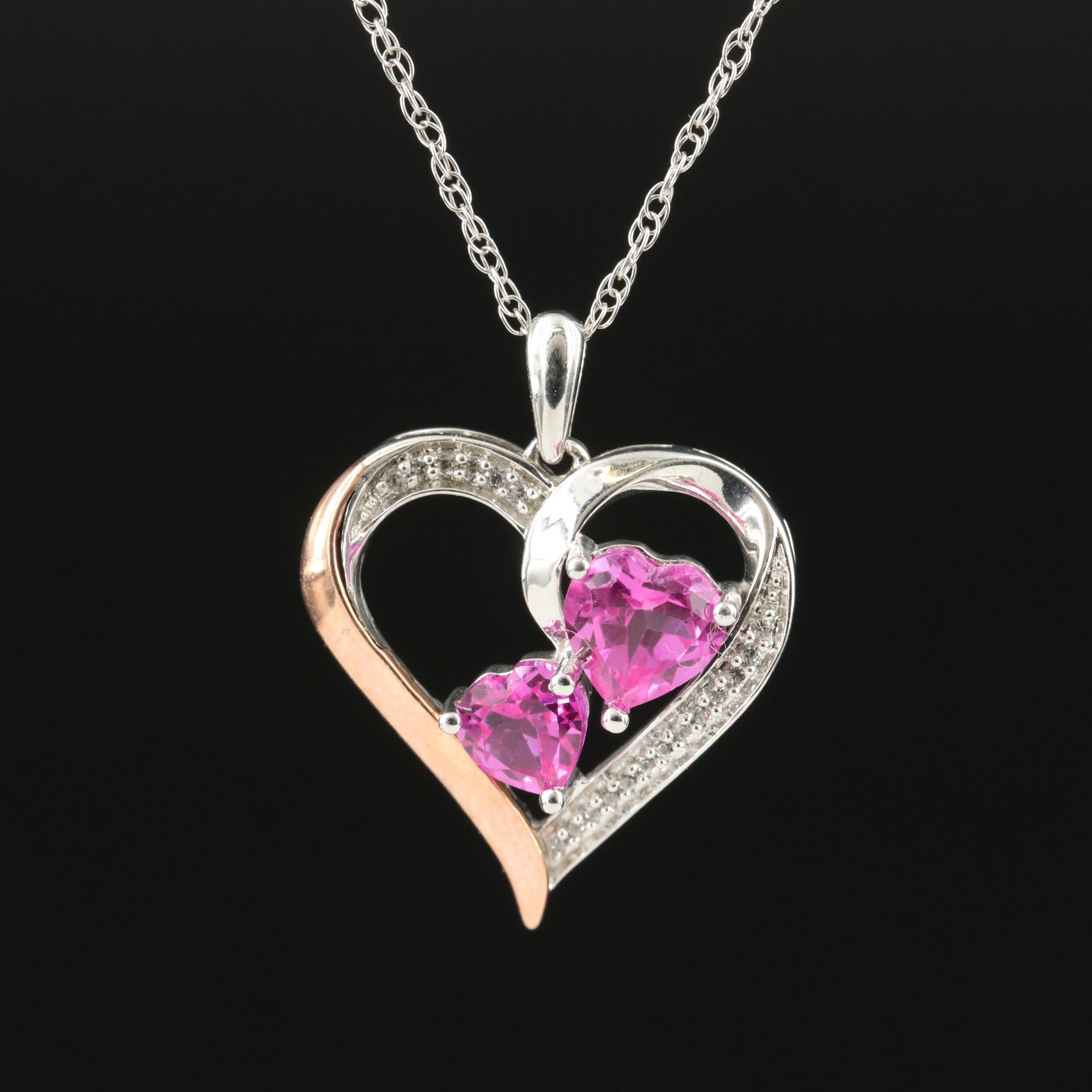 Sterling Sapphire Heart Pendant Necklace with 10K Rose Gold Accent