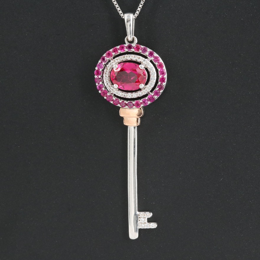Sterling Ruby and White Sapphire Key Pendant Necklace wtih 10K Rose Gold Accents