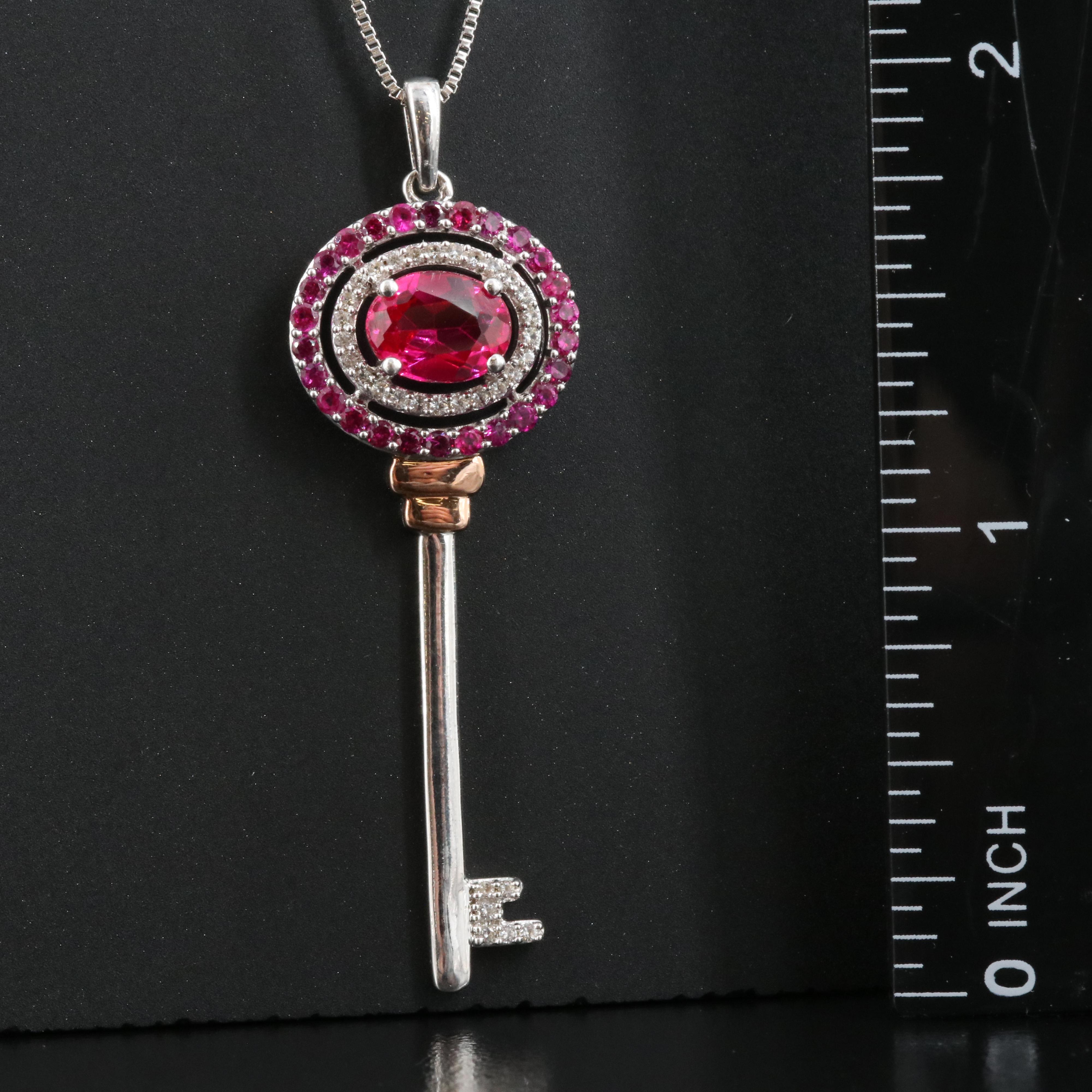 Sterling Ruby and White Sapphire Key Pendant Necklace wtih 10K Rose Gold Accents