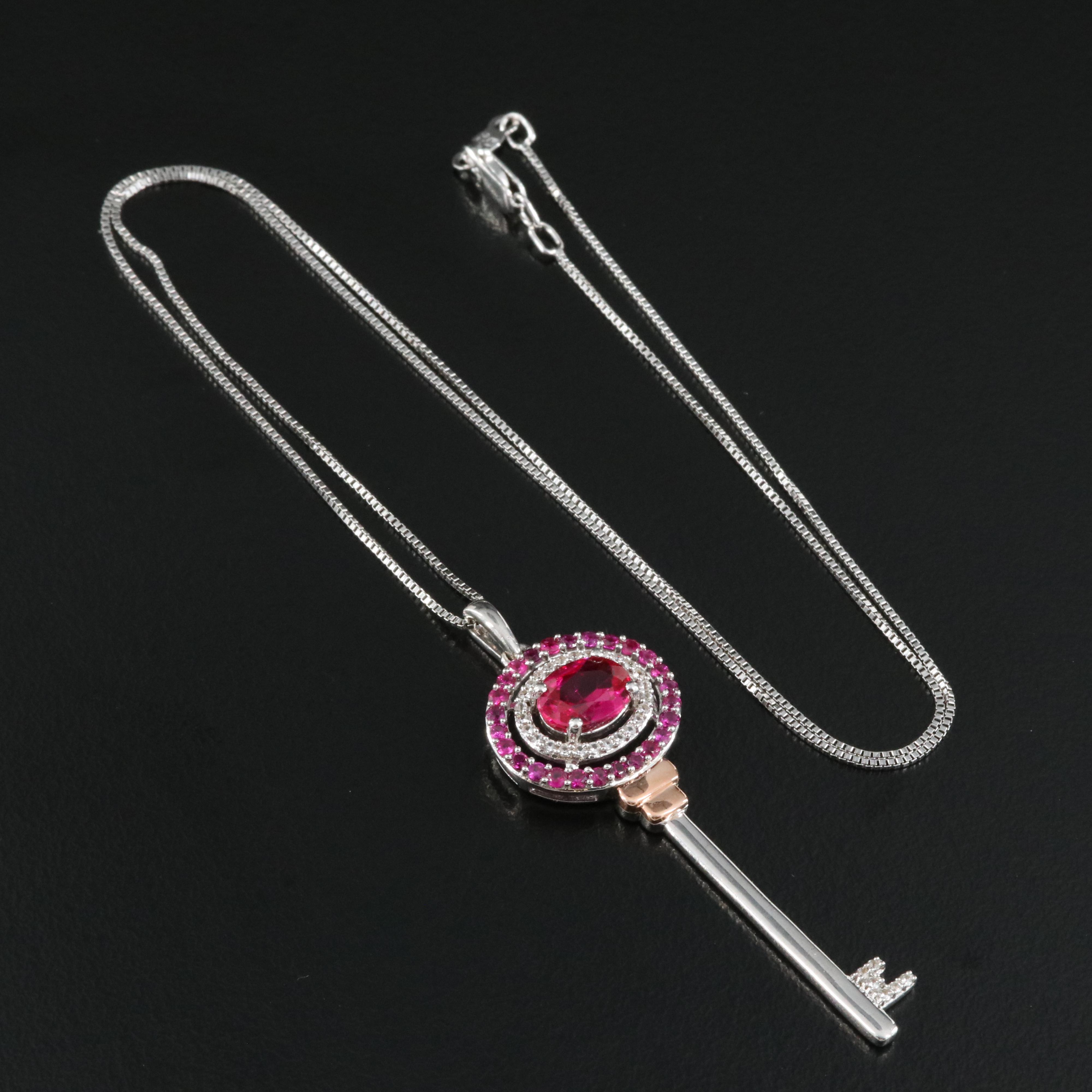Sterling Ruby and White Sapphire Key Pendant Necklace wtih 10K Rose Gold Accents