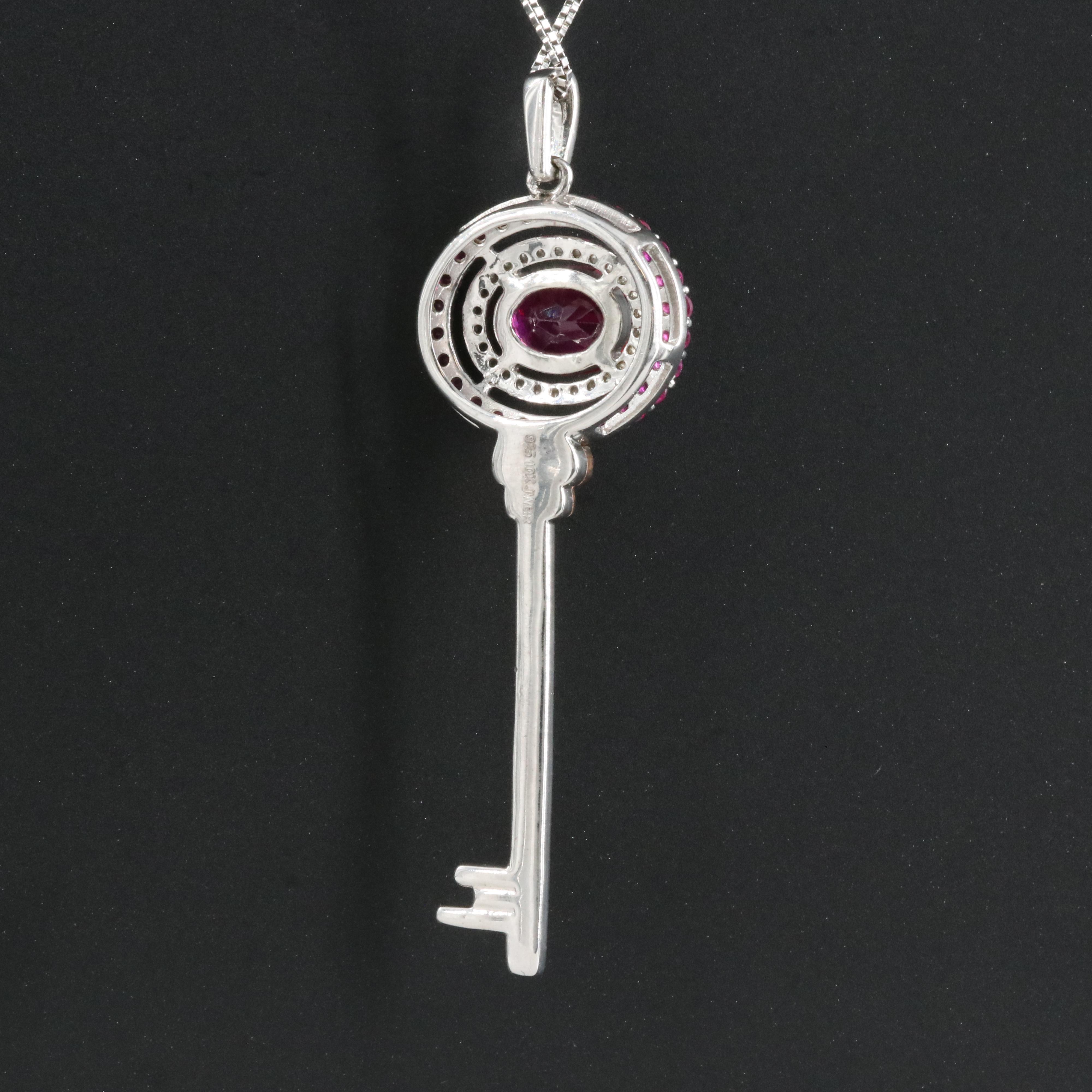Sterling Ruby and White Sapphire Key Pendant Necklace wtih 10K Rose Gold Accents
