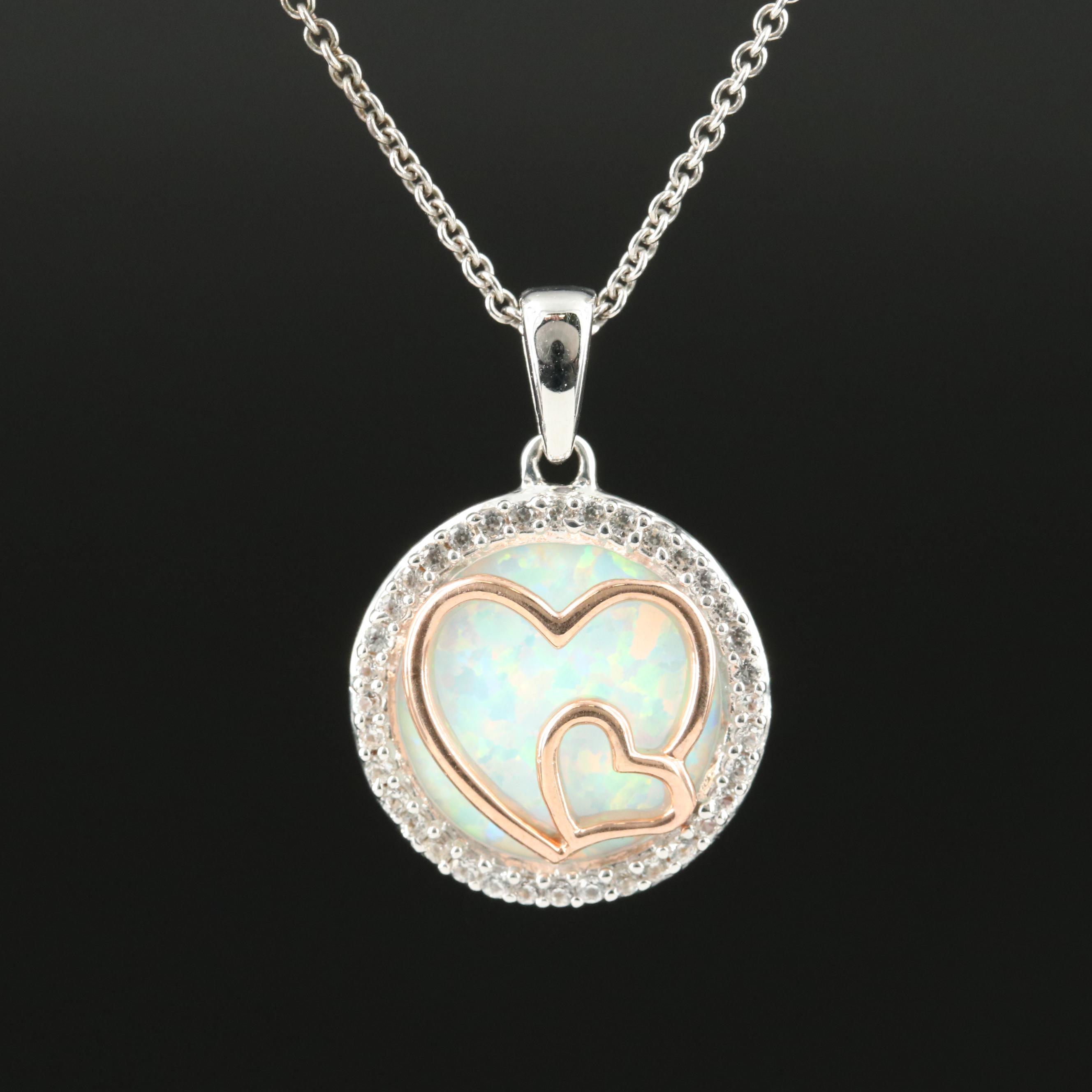 Sterling Opal and Sapphire Heart Pendant Necklace