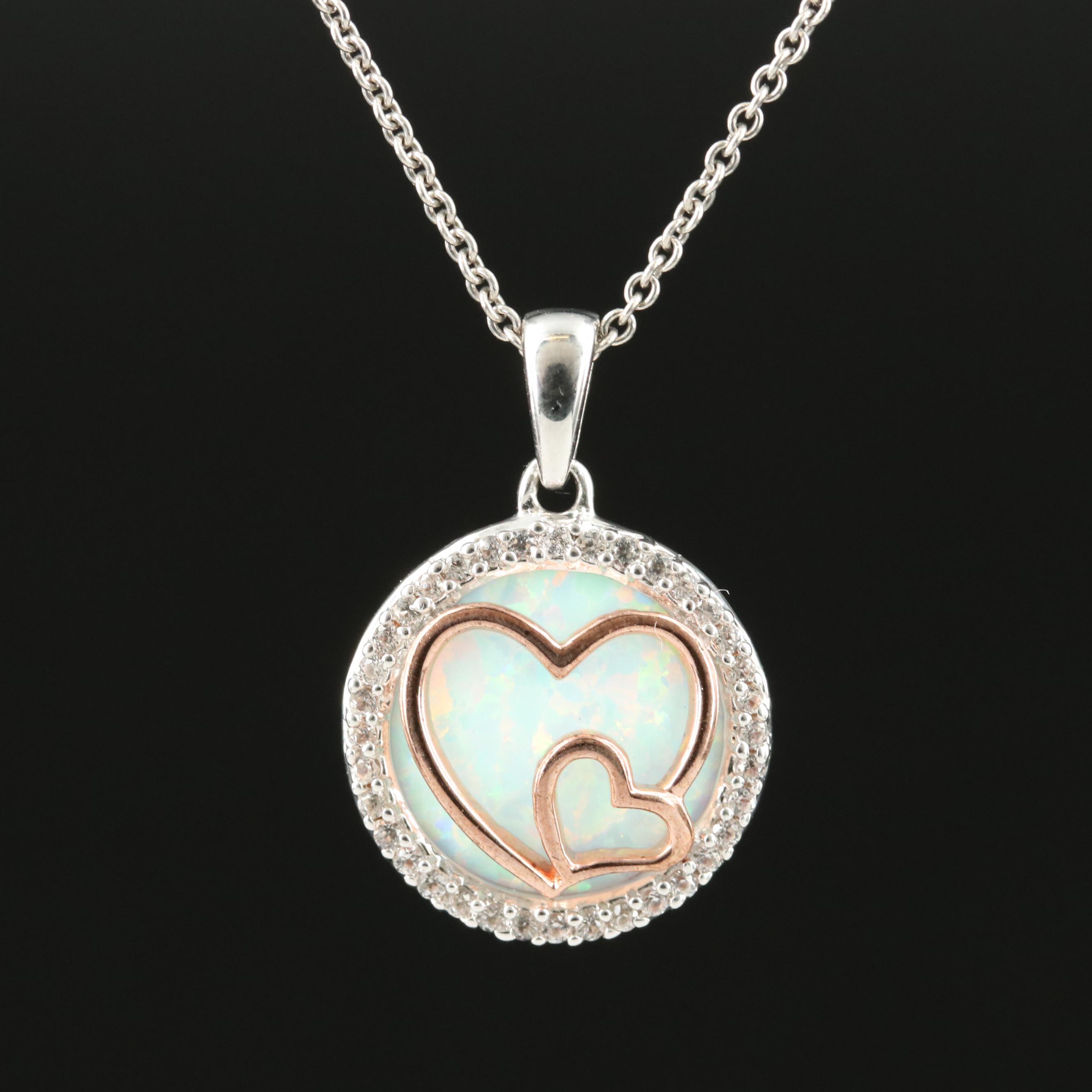 Sterling Opal and Sapphire Heart Pendant Necklace