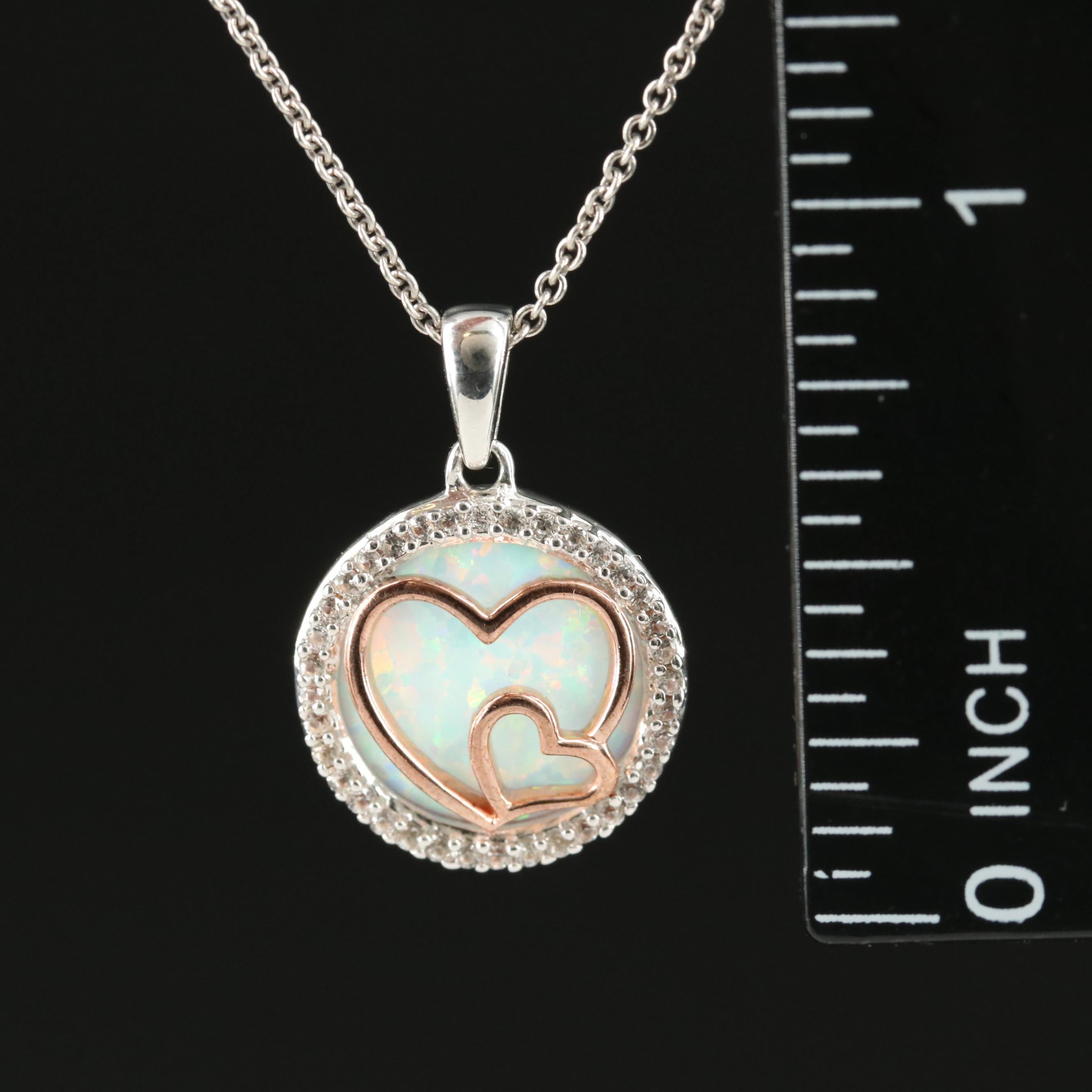 Sterling Opal and Sapphire Heart Pendant Necklace