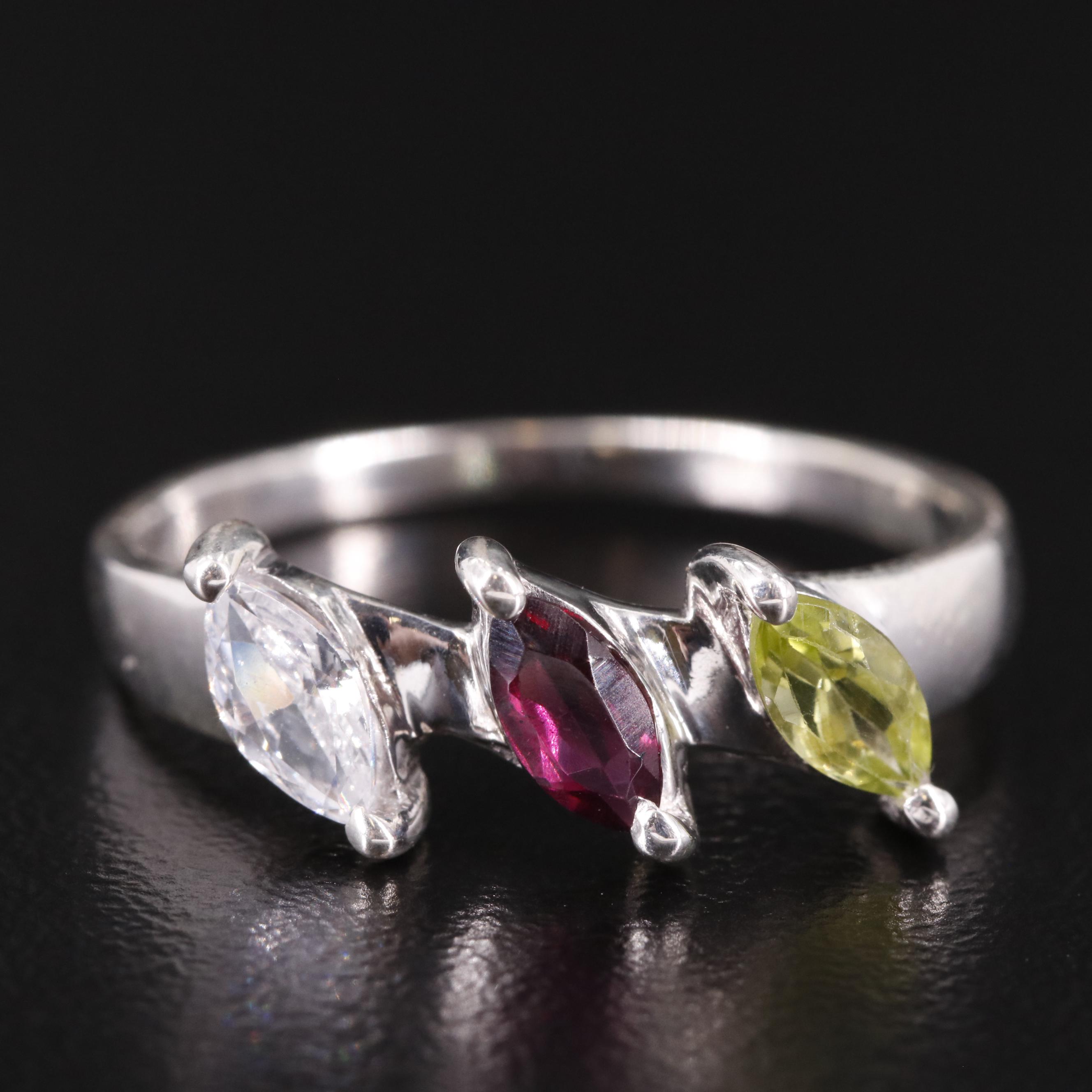 Sterling Peridot, Garnet, and Cubic Zirconia Ring