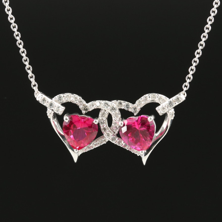 Sterling Ruby and Sapphire Double Heart Pendant Necklace