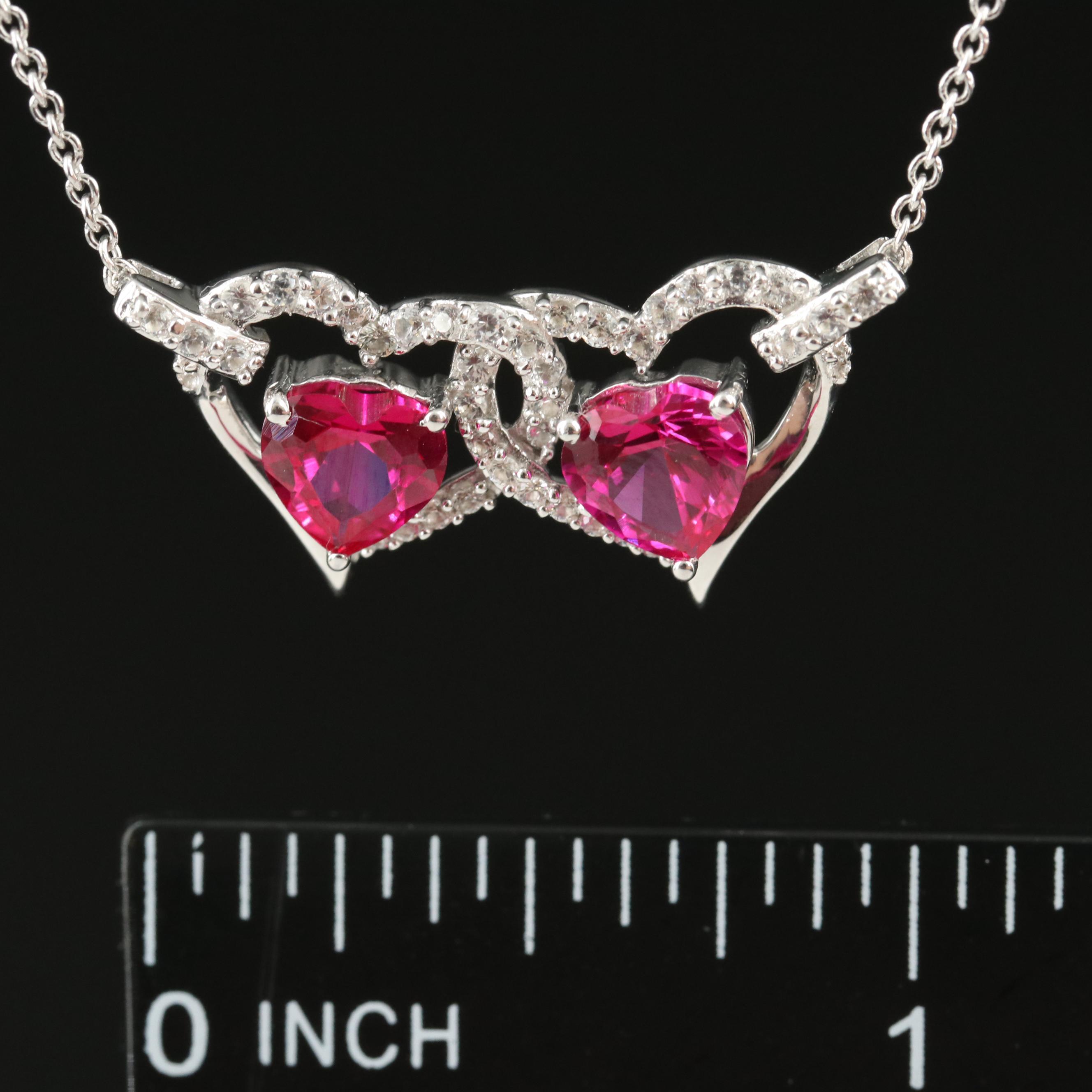 Sterling Ruby and Sapphire Double Heart Pendant Necklace