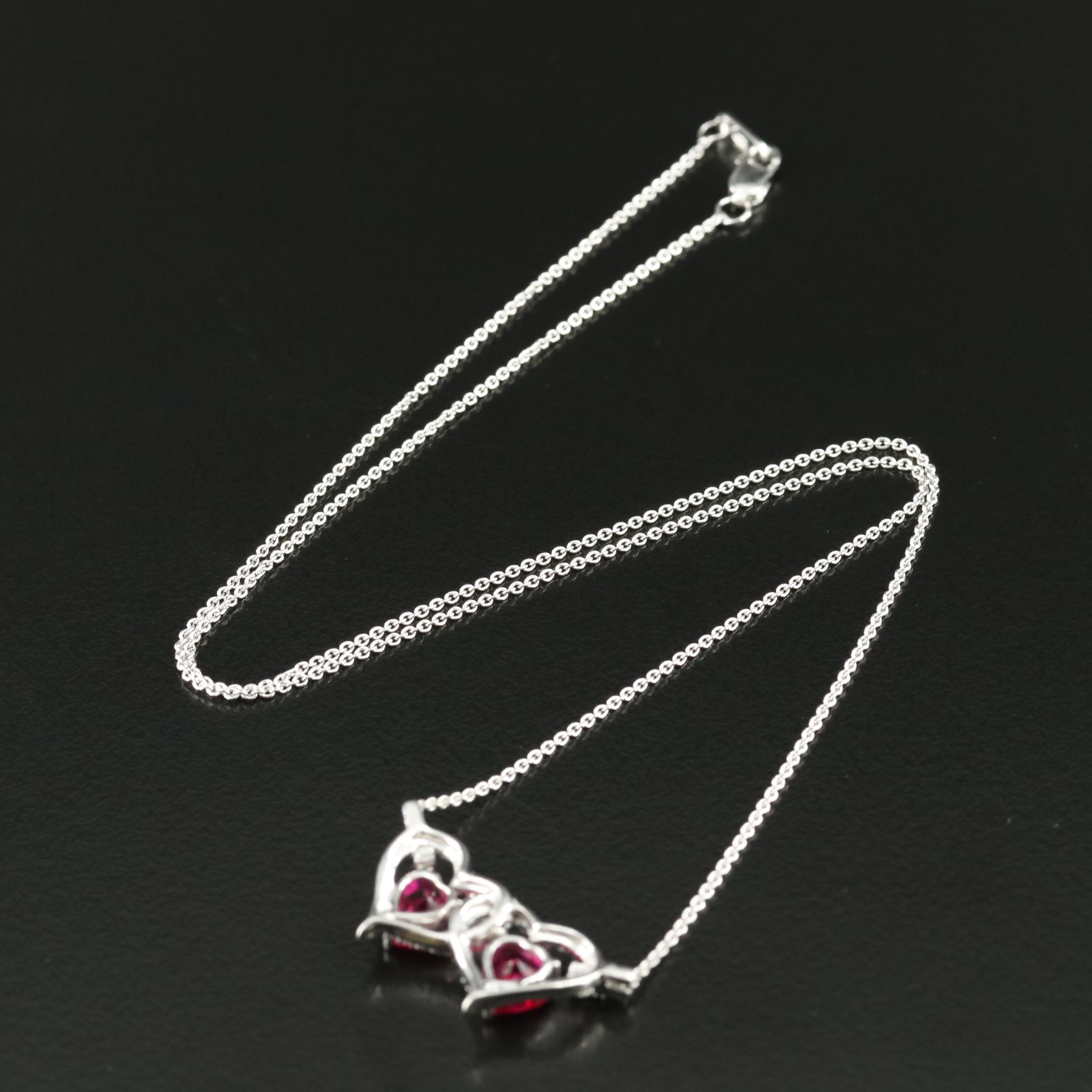 Sterling Ruby and Sapphire Double Heart Pendant Necklace