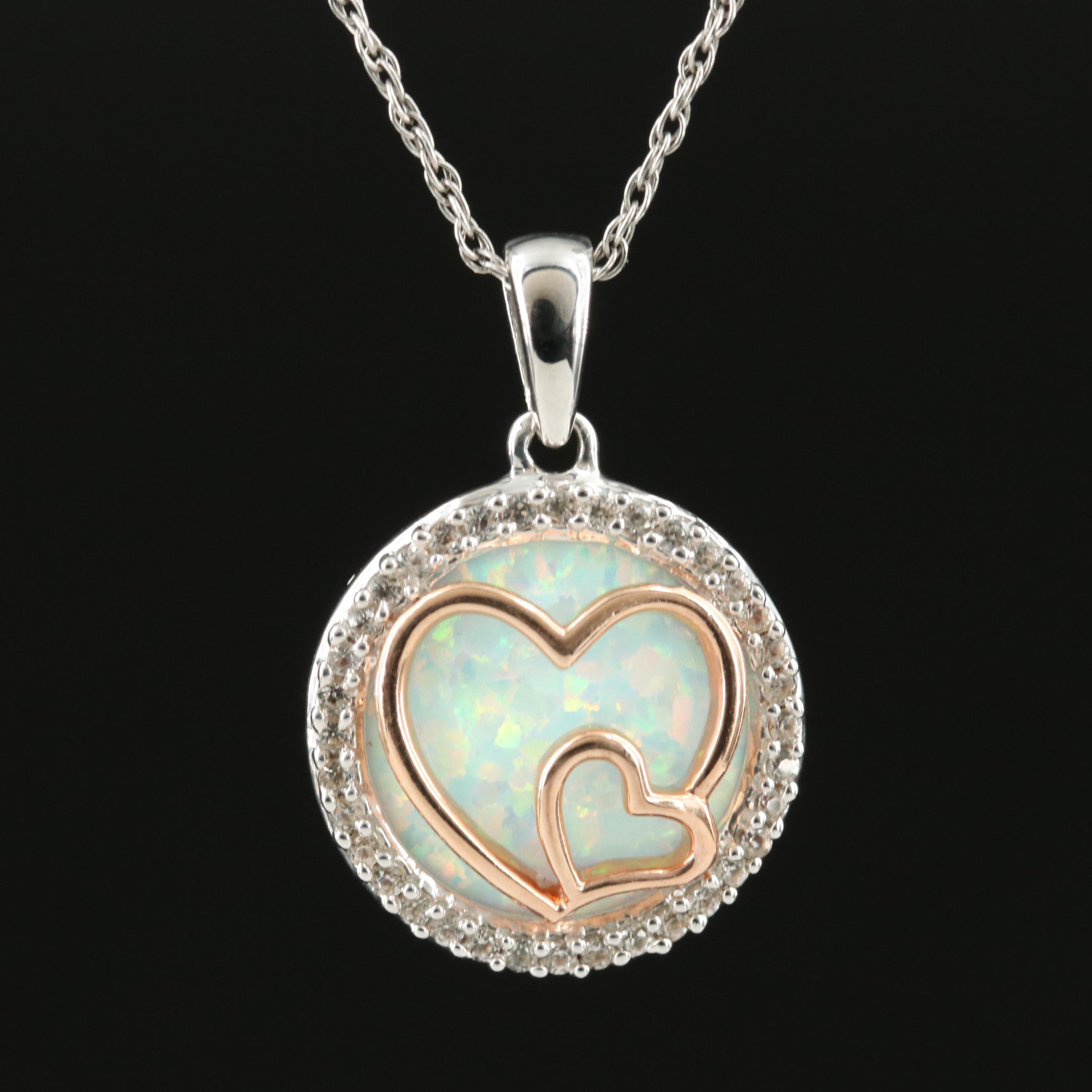 Sterling Opal and Sapphire Double Heart Pendant Necklace