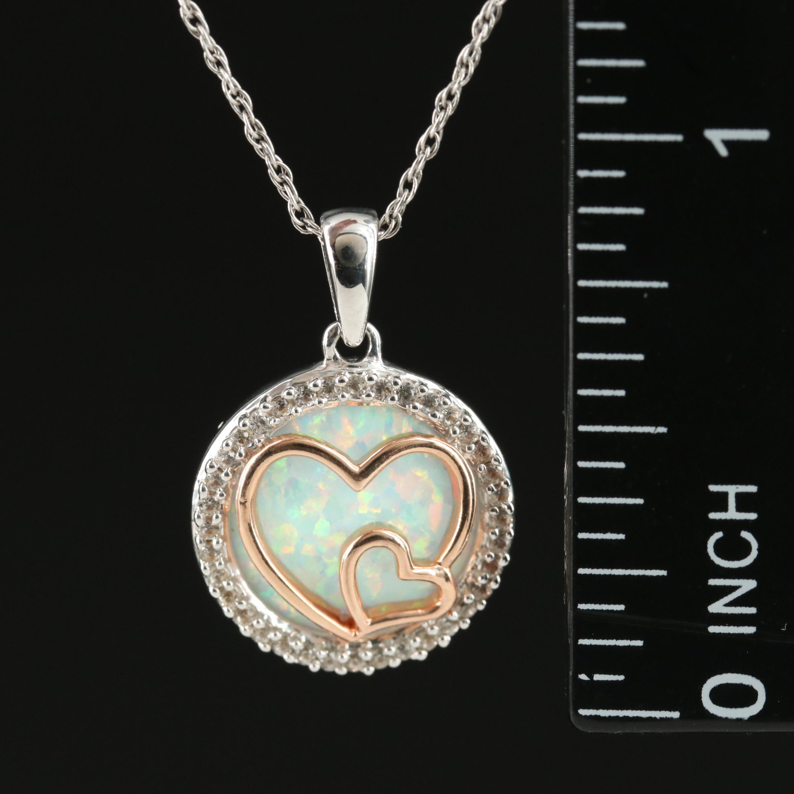Sterling Opal and Sapphire Double Heart Pendant Necklace