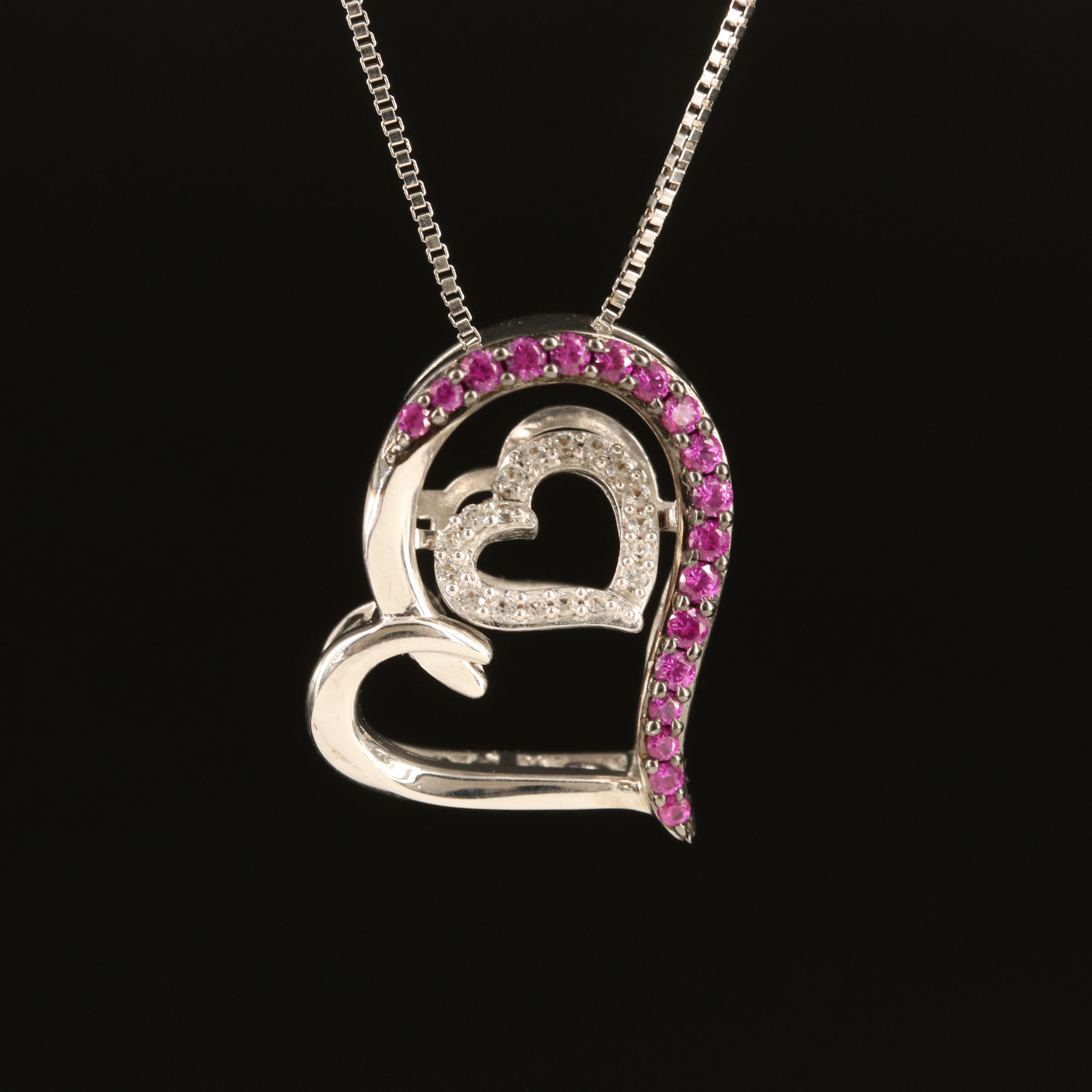 Sterling Ruby and White Sapphire Heart Shimmer Pendant Necklace
