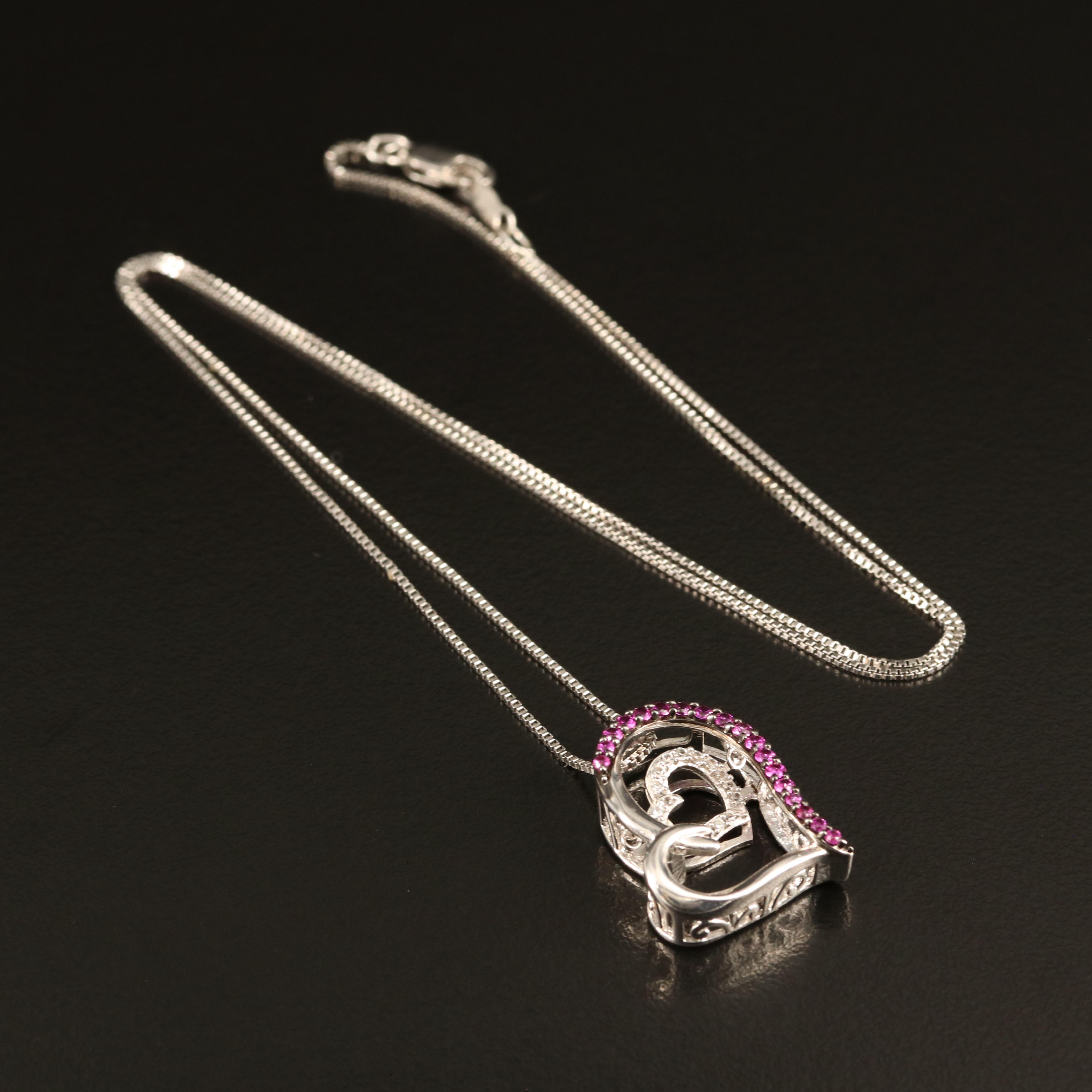 Sterling Ruby and White Sapphire Heart Shimmer Pendant Necklace