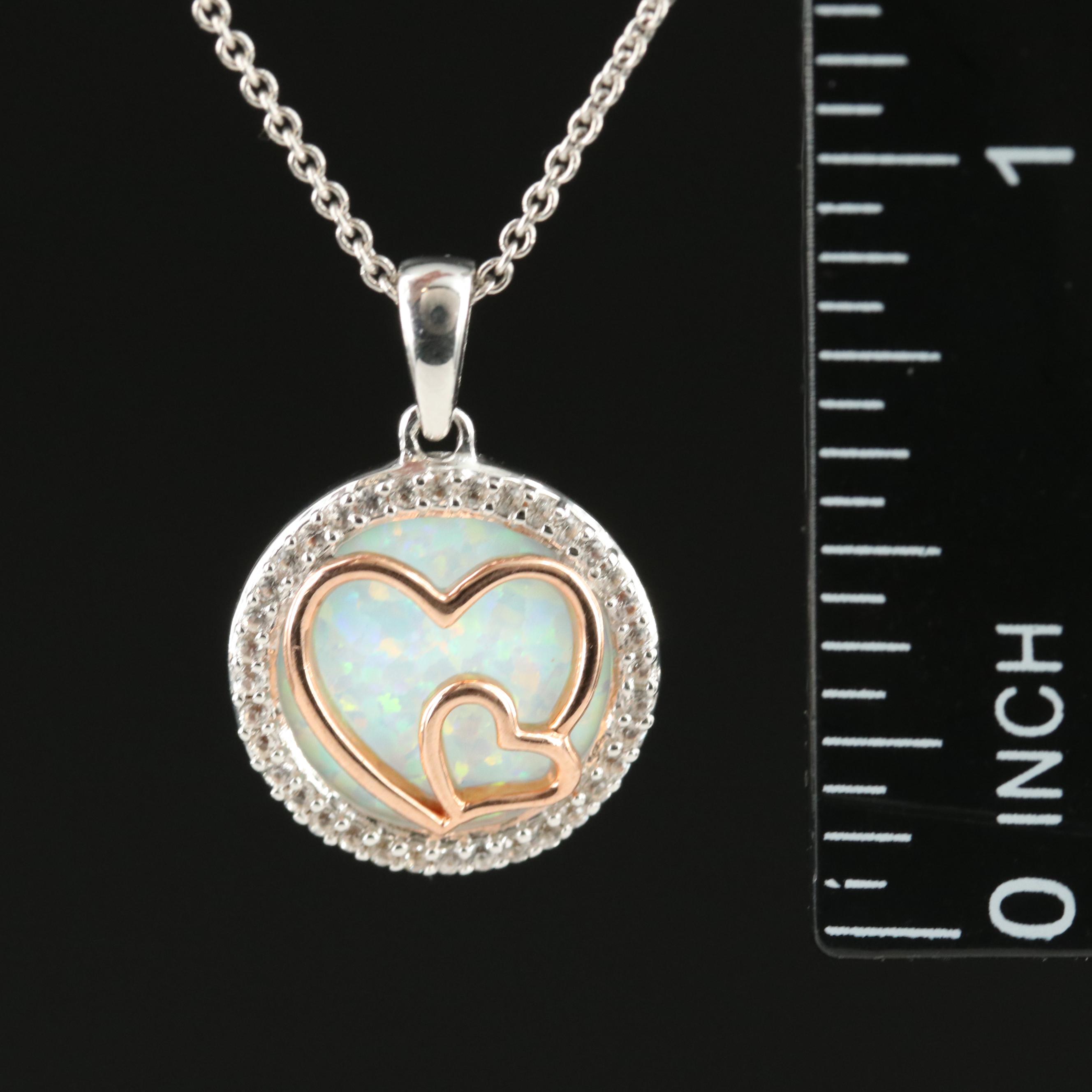 Sterling Opal and Sapphire Double Heart Pendant Necklace