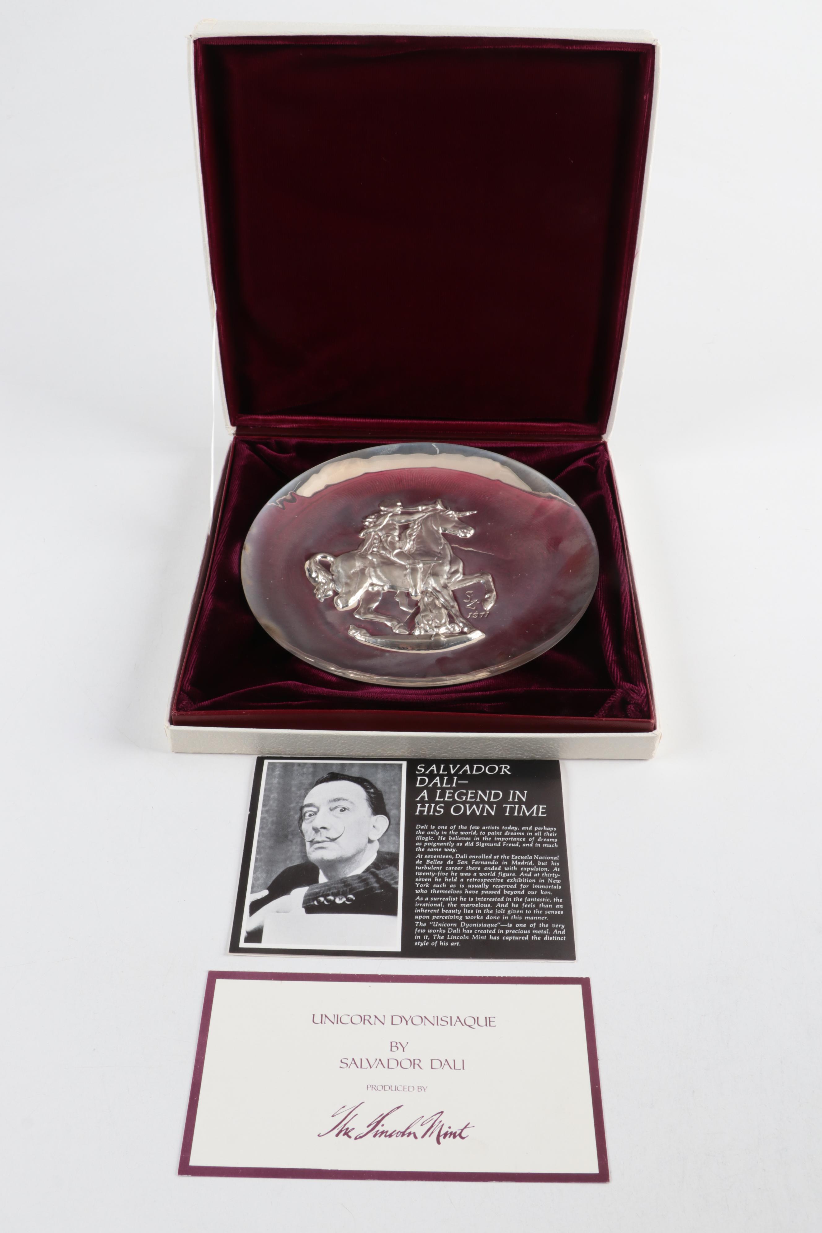 The Lincoln Mint "Unicorn Dionysiaque" Sterling Collector Plate with Dalí Book