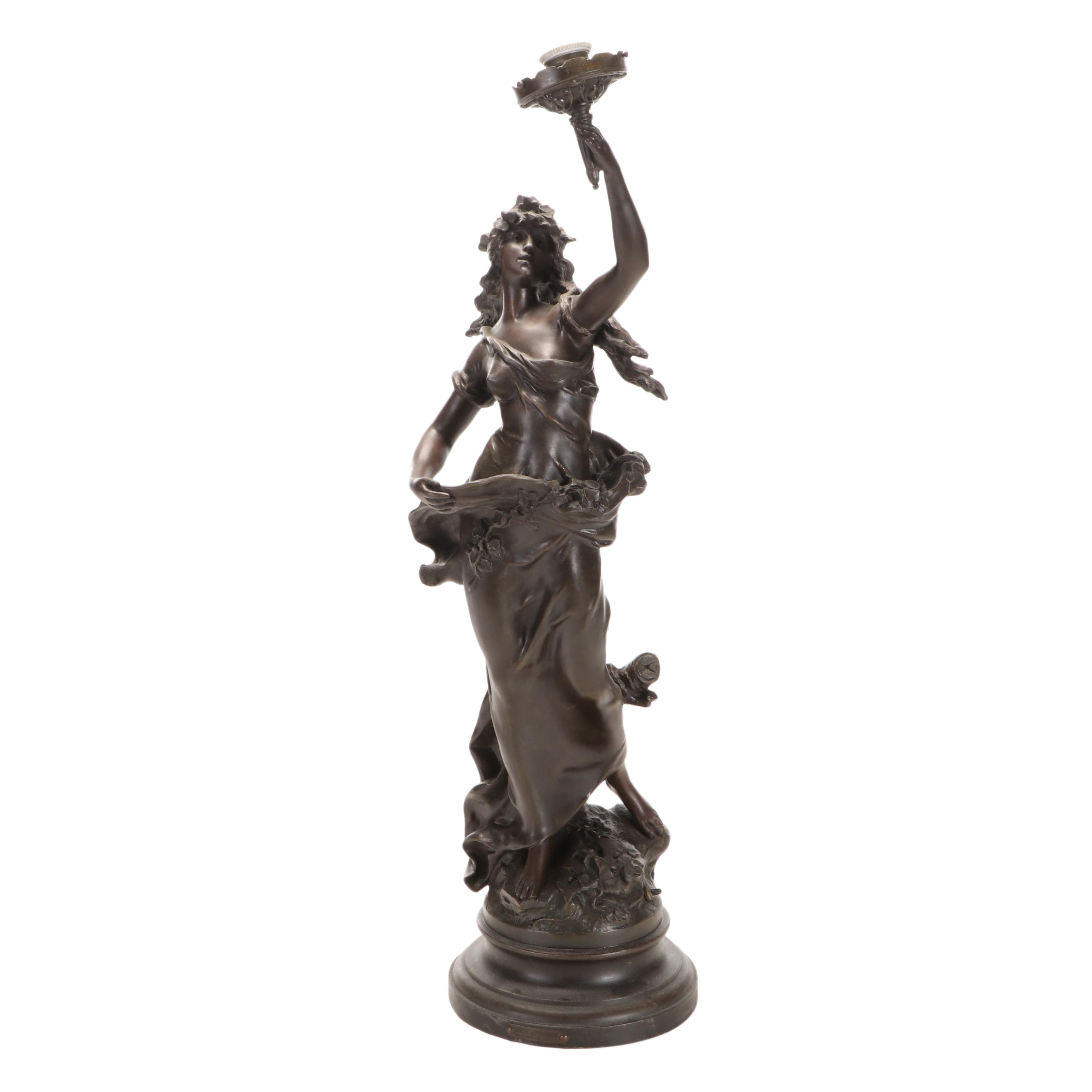 Bronzed Spelter Sculpture after A.  Moreau "Brise D'Automne" Newel Post Lamp