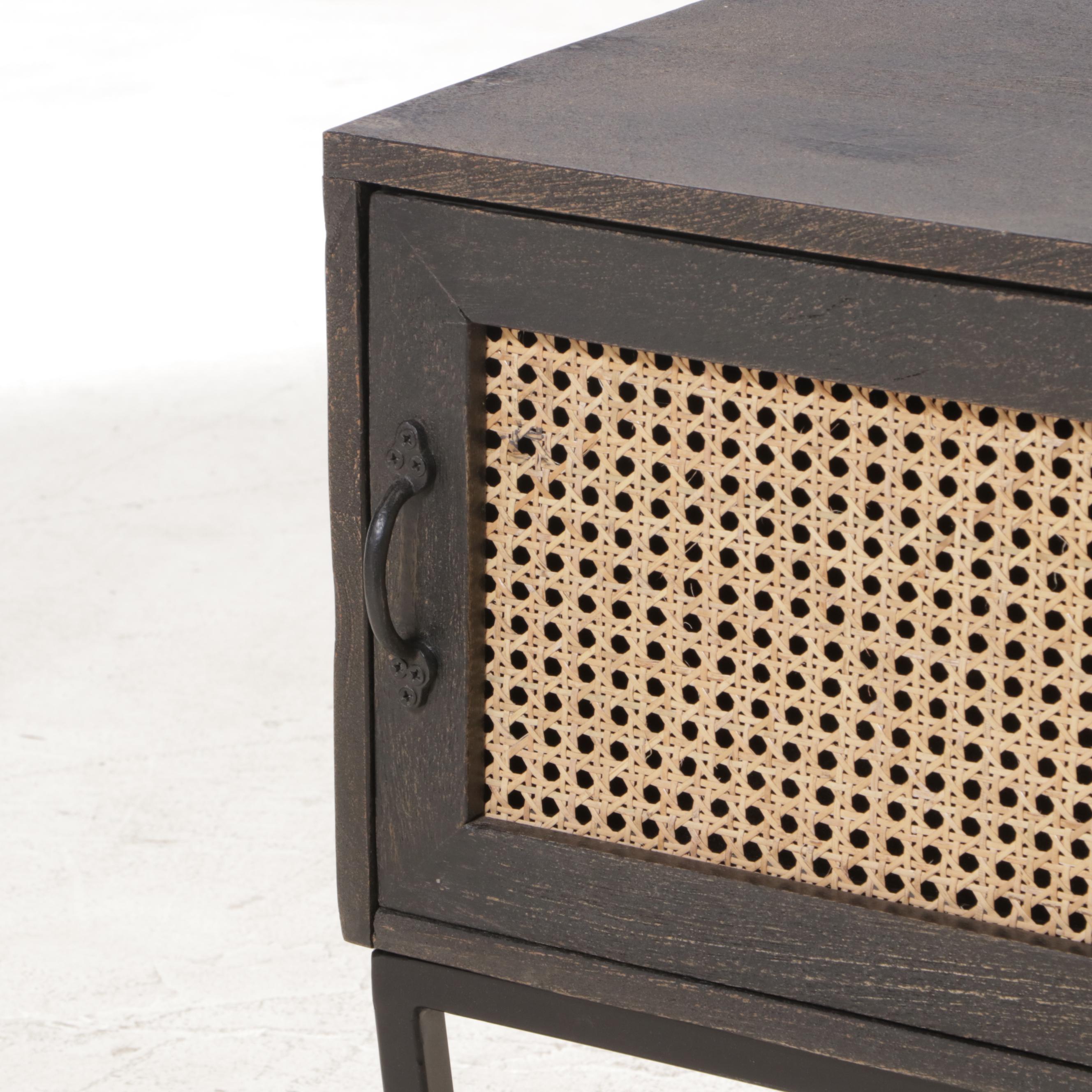 Contemporary Caned Front Ebonized Wood Cabinet on Metal Frame