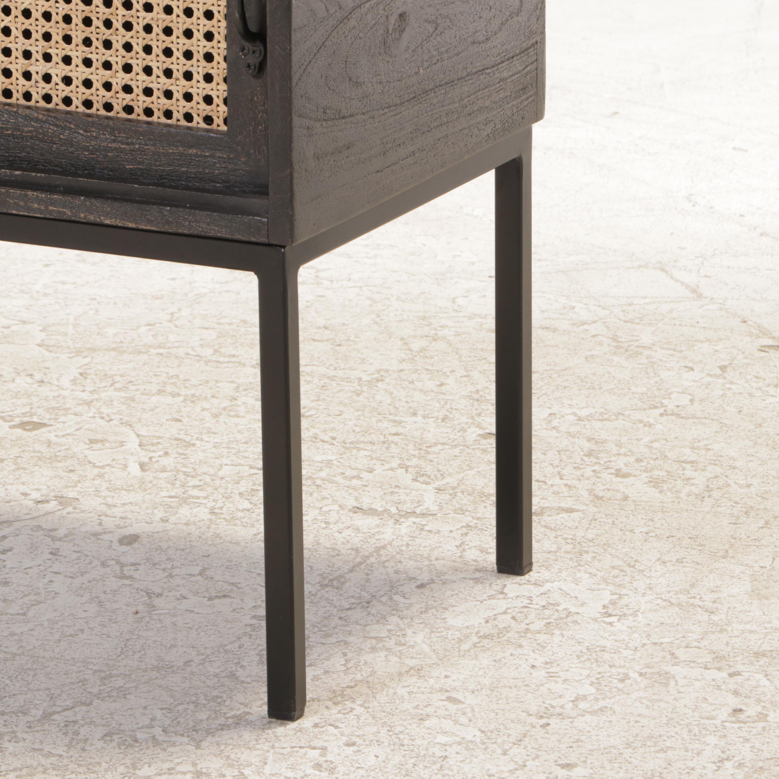 Contemporary Caned Front Ebonized Wood Cabinet on Metal Frame