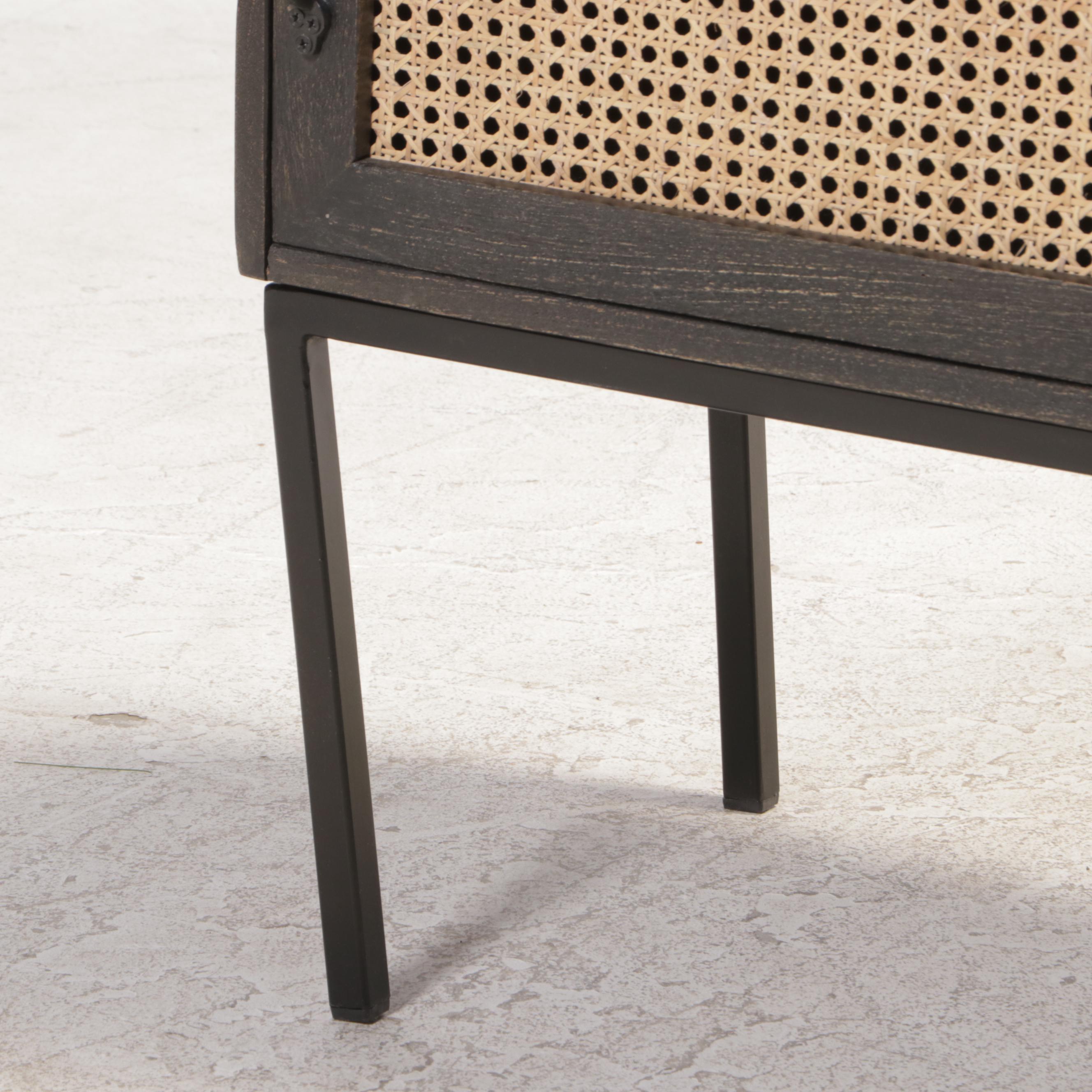Contemporary Caned Front Ebonized Wood Cabinet on Metal Frame