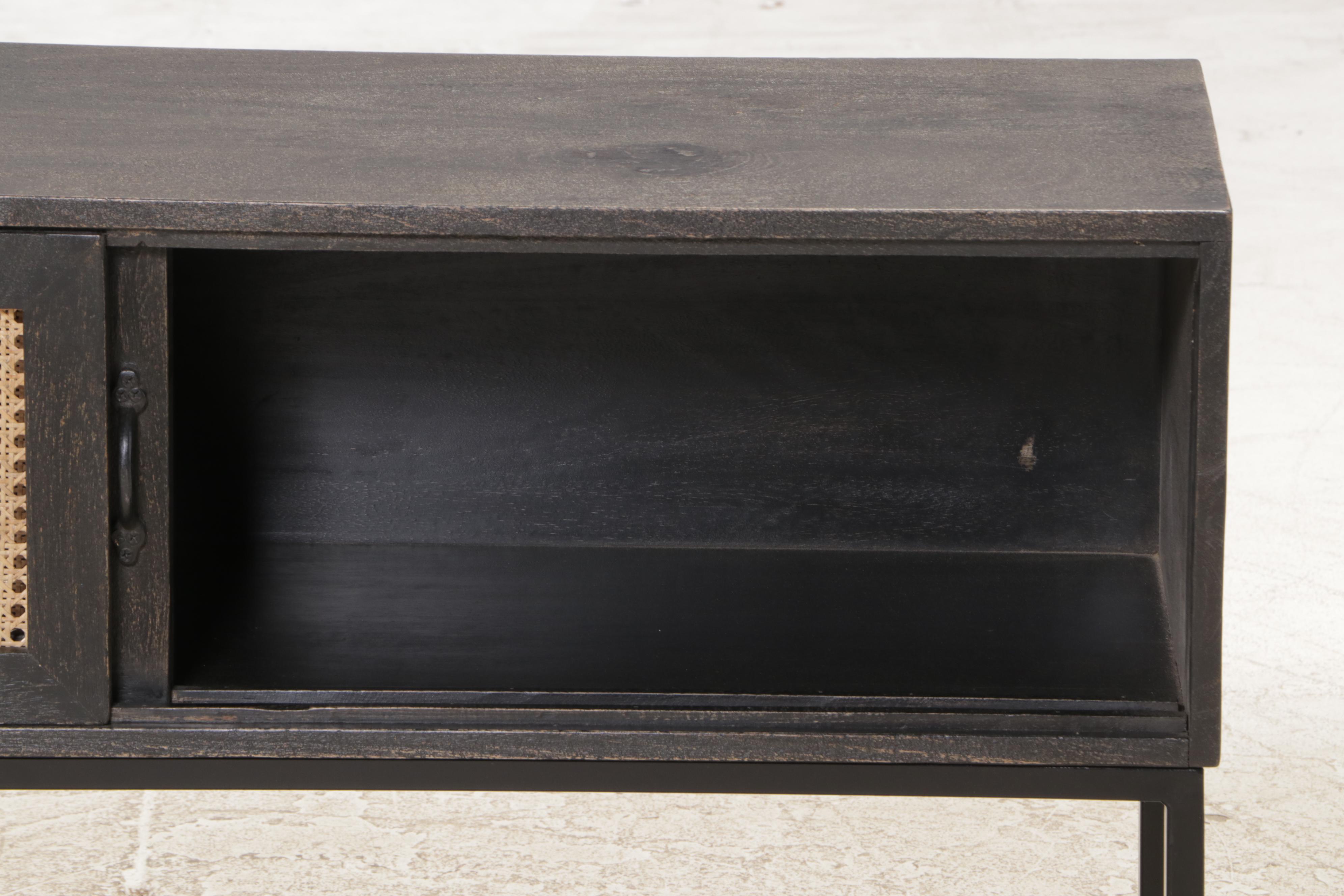 Contemporary Caned Front Ebonized Wood Cabinet on Metal Frame