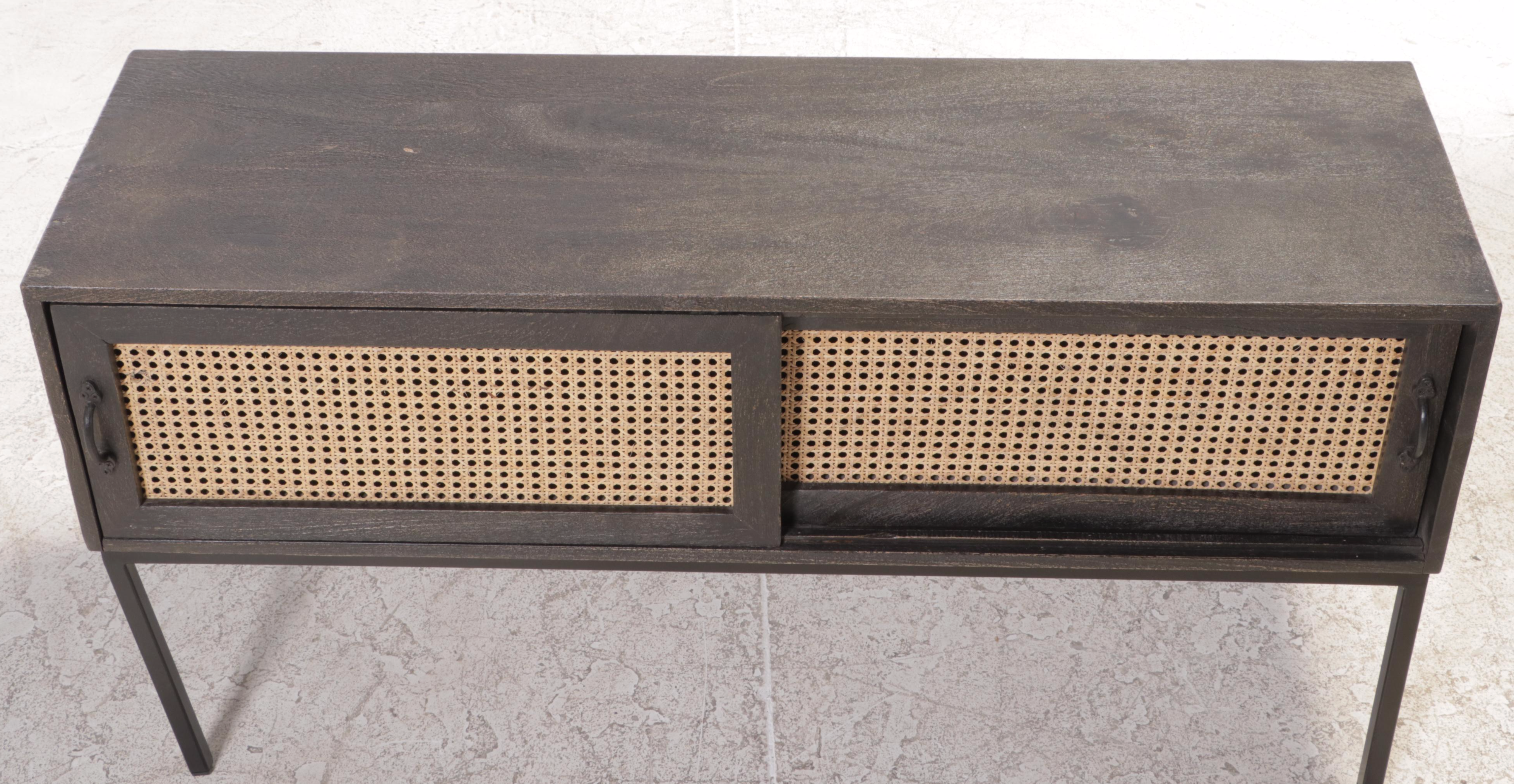 Contemporary Caned Front Ebonized Wood Cabinet on Metal Frame