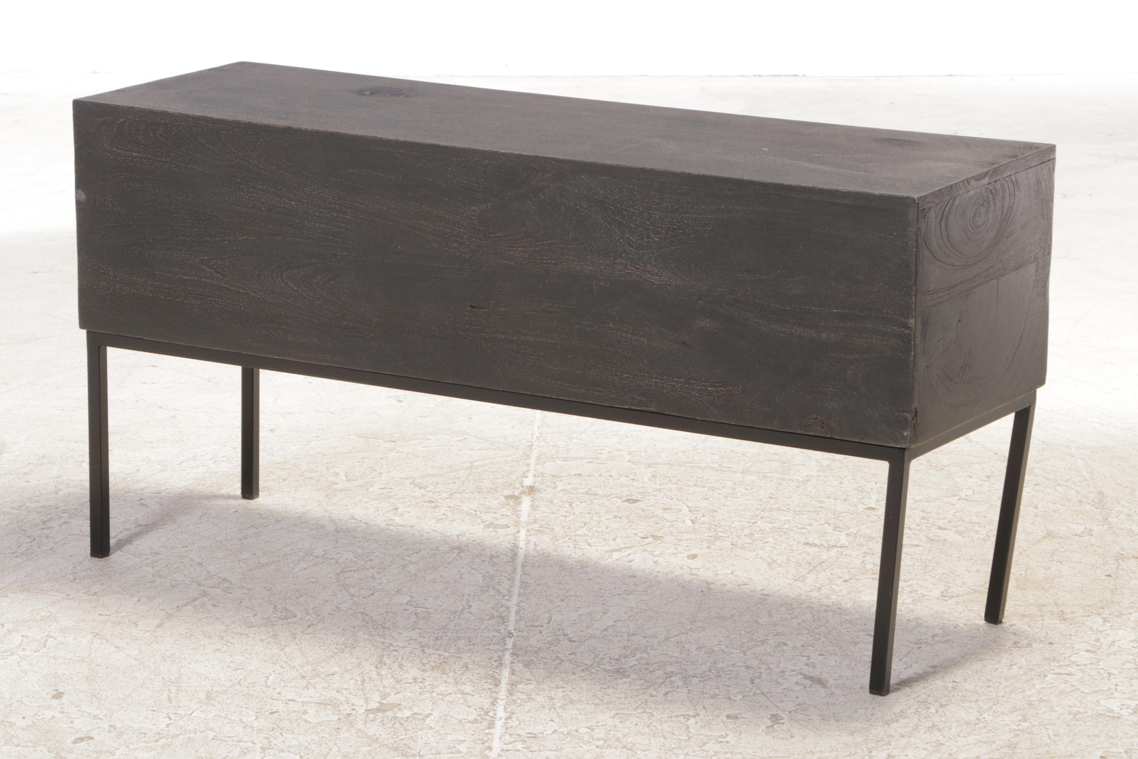 Contemporary Caned Front Ebonized Wood Cabinet on Metal Frame