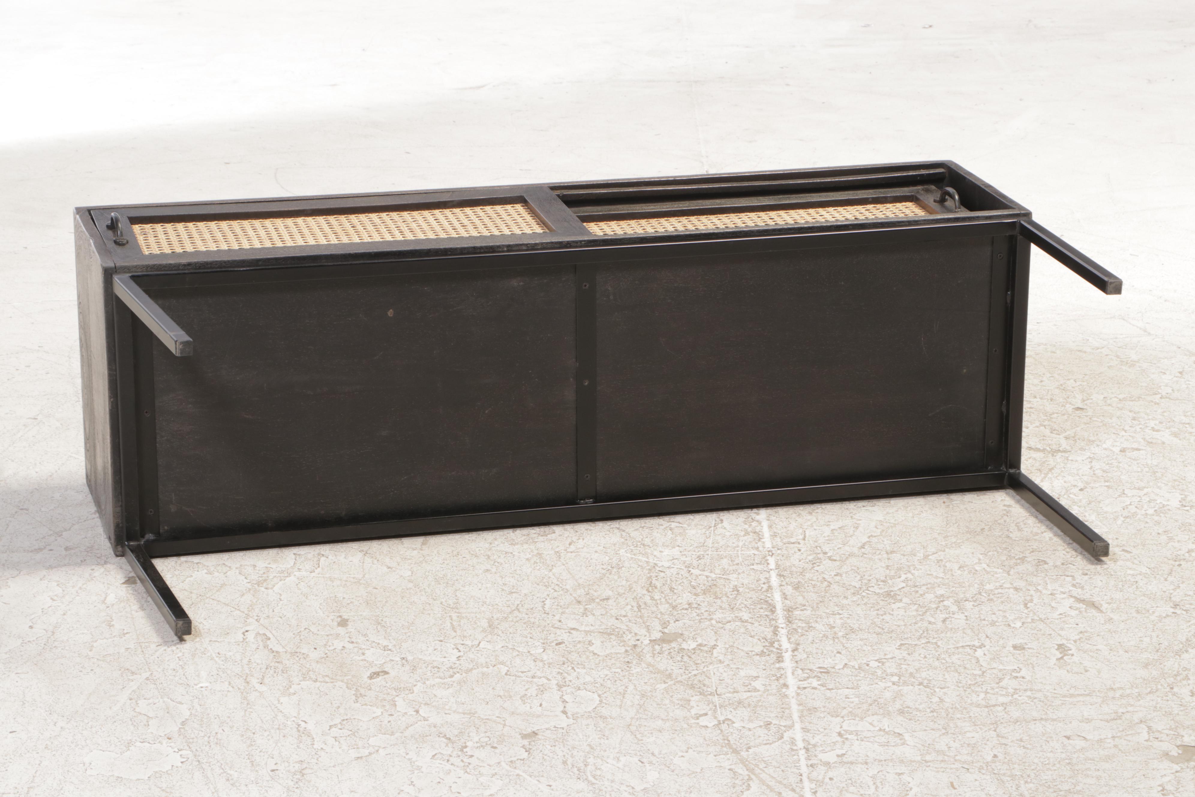 Contemporary Caned Front Ebonized Wood Cabinet on Metal Frame