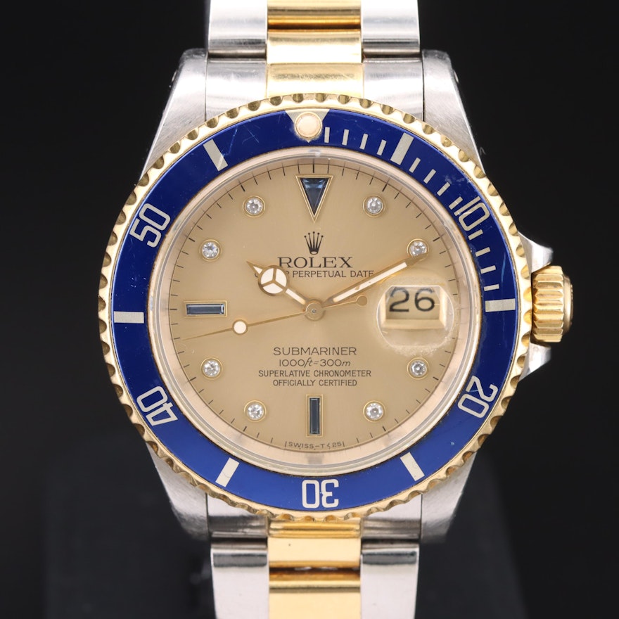 1989 - 1990 Rolex Sumariner Diamond and Sapphire Dial Date Wristwatch